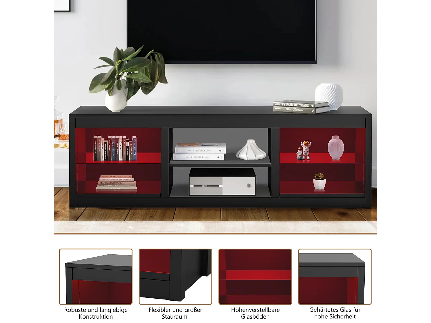 Parrot Uncle TV-Schrank für Fernseher bis 75 Zoll, MDF, Schwarz , mit 6 offenen Fächern und Farbwechselnde LED-Leiste, 168 x 42 x 56 cm, 54 kg Tragkra