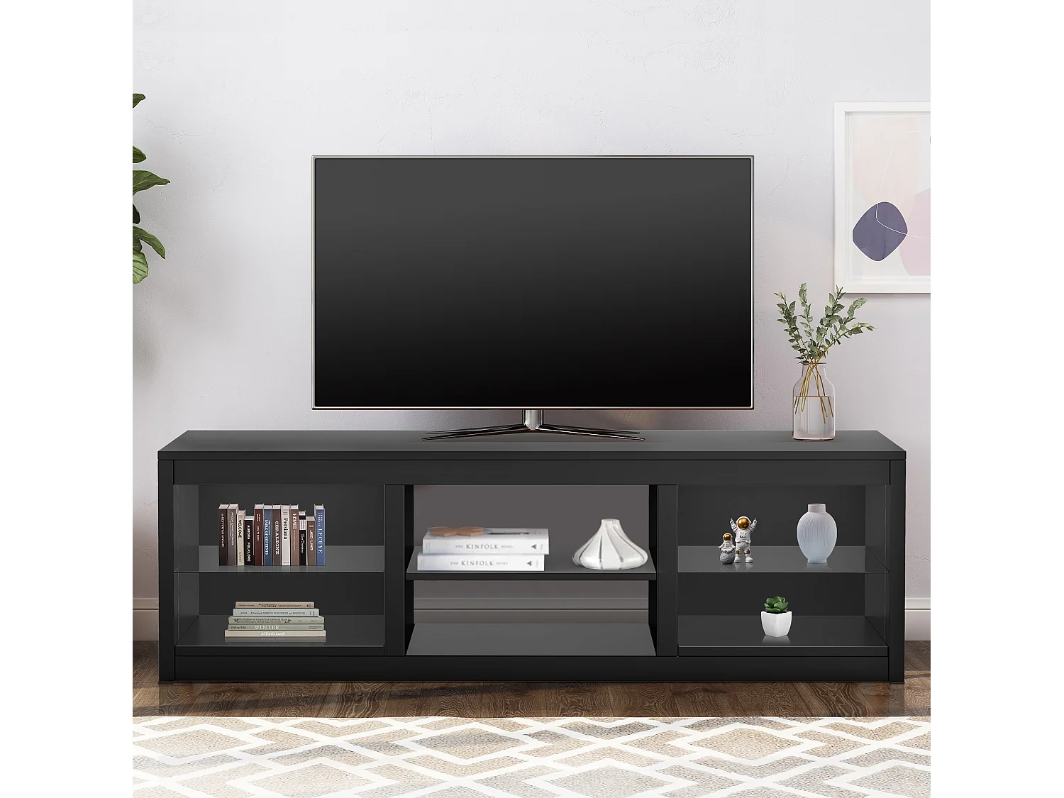 Parrot Uncle TV-Schrank für Fernseher bis 75 Zoll, MDF, Schwarz , mit 6 offenen Fächern und Farbwechselnde LED-Leiste, 168 x 42 x 56 cm, 54 kg Tragkra
