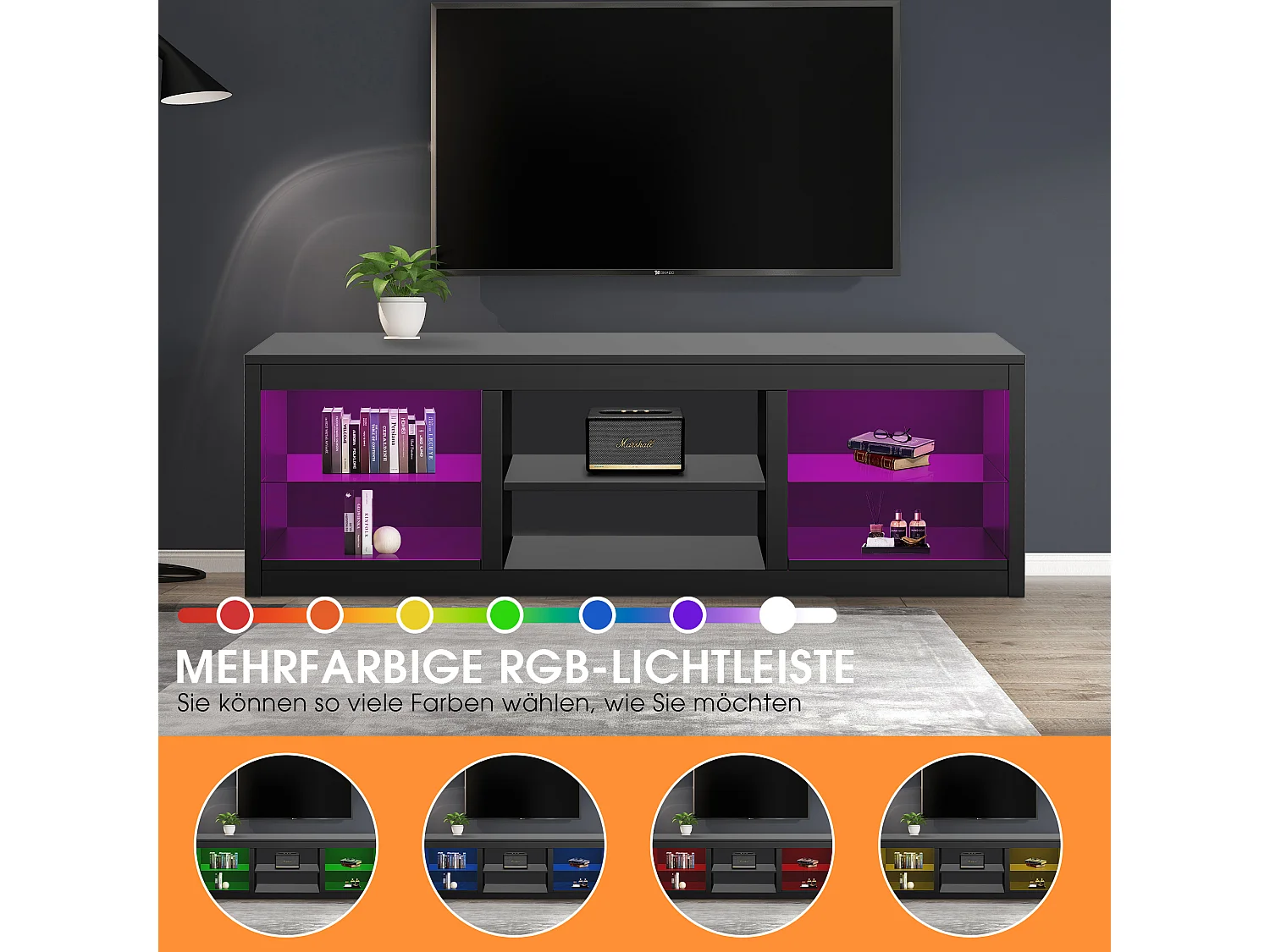 Parrot Uncle TV-Schrank für Fernseher bis 75 Zoll, MDF, Schwarz , mit 6 offenen Fächern und Farbwechselnde LED-Leiste, 168 x 42 x 56 cm, 54 kg Tragkra