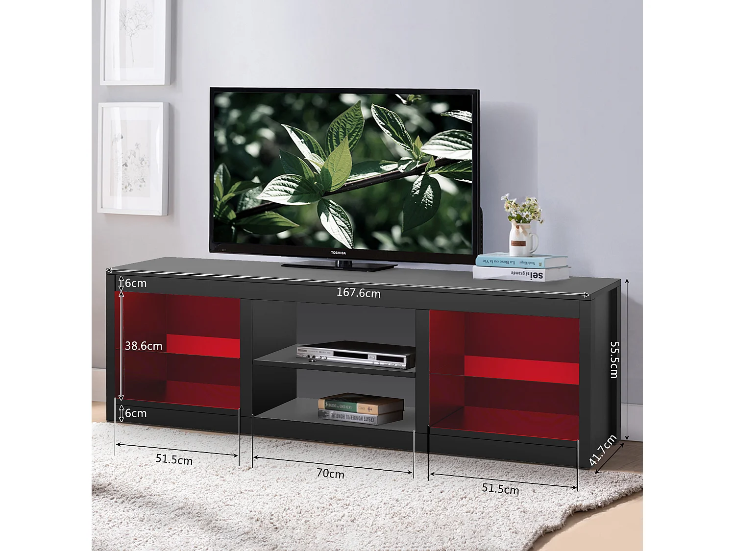 Parrot Uncle TV-Schrank für Fernseher bis 75 Zoll, MDF, Schwarz , mit 6 offenen Fächern und Farbwechselnde LED-Leiste, 168 x 42 x 56 cm, 54 kg Tragkra