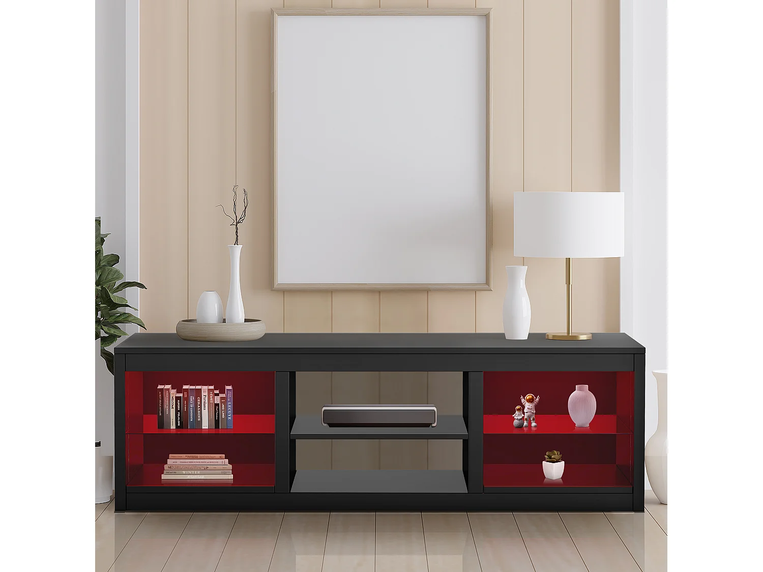 Parrot Uncle TV-Schrank für Fernseher bis 75 Zoll, MDF, Schwarz , mit 6 offenen Fächern und Farbwechselnde LED-Leiste, 168 x 42 x 56 cm, 54 kg Tragkra