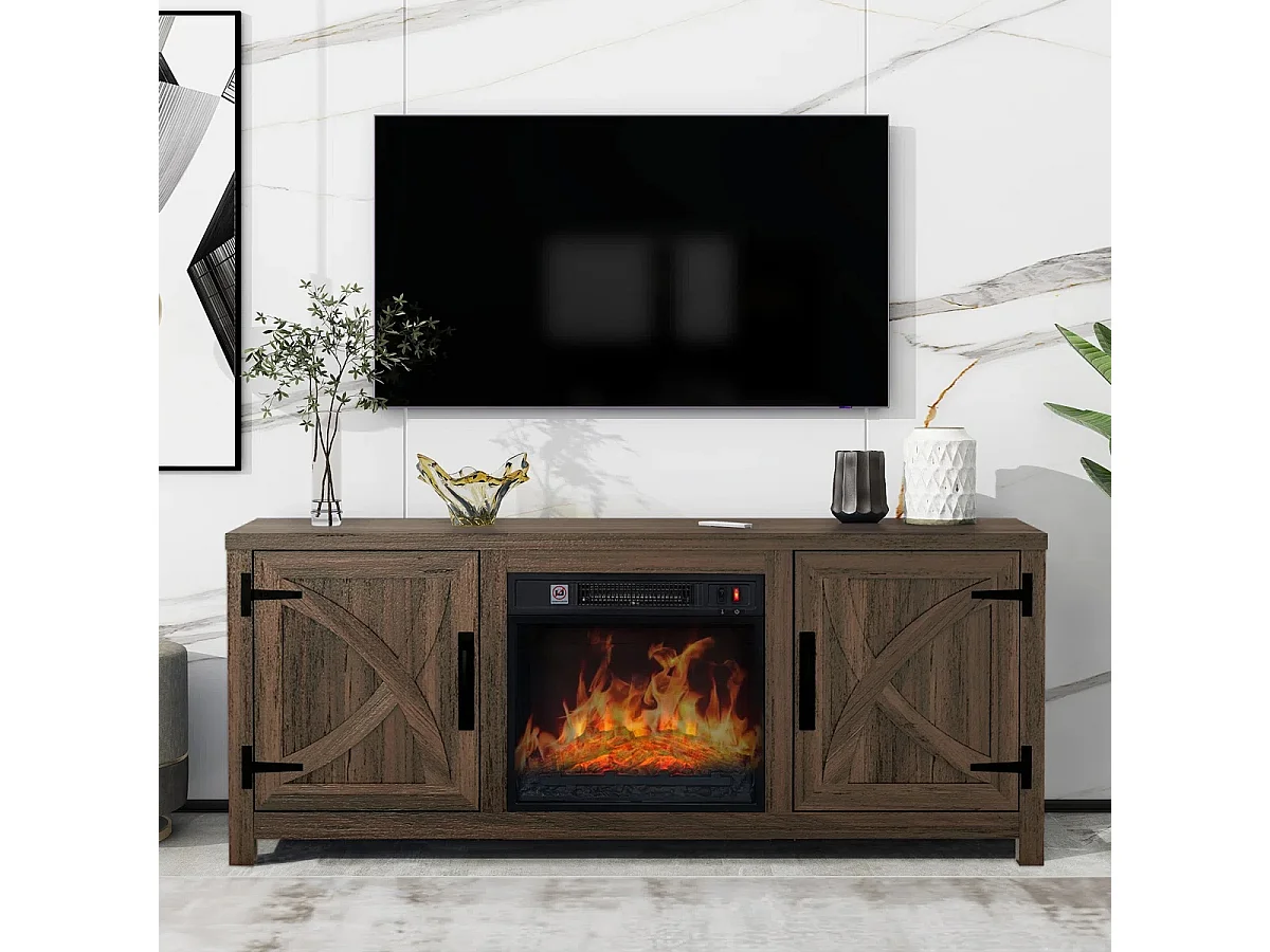 Parrot Uncle TV-Schrank Braun mit Elektrokamin 58" (147cm) | 3-in-1 Media Center + 18" Kamin | Eiche rustikal & Stauraum