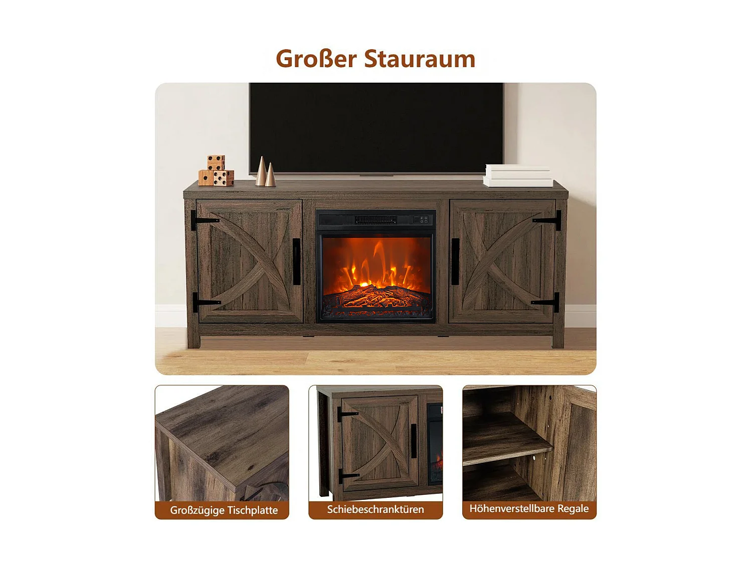 Parrot Uncle TV-Schrank Braun mit Elektrokamin 58" (147cm) | 3-in-1 Media Center + 18" Kamin | Eiche rustikal & Stauraum