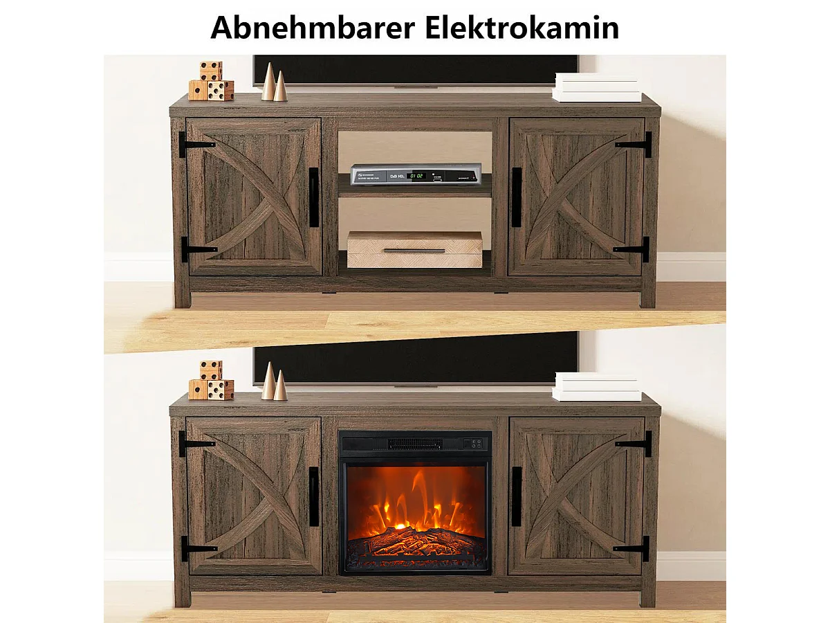 Parrot Uncle TV-Schrank Braun mit Elektrokamin 58" (147cm) | 3-in-1 Media Center + 18" Kamin | Eiche rustikal & Stauraum