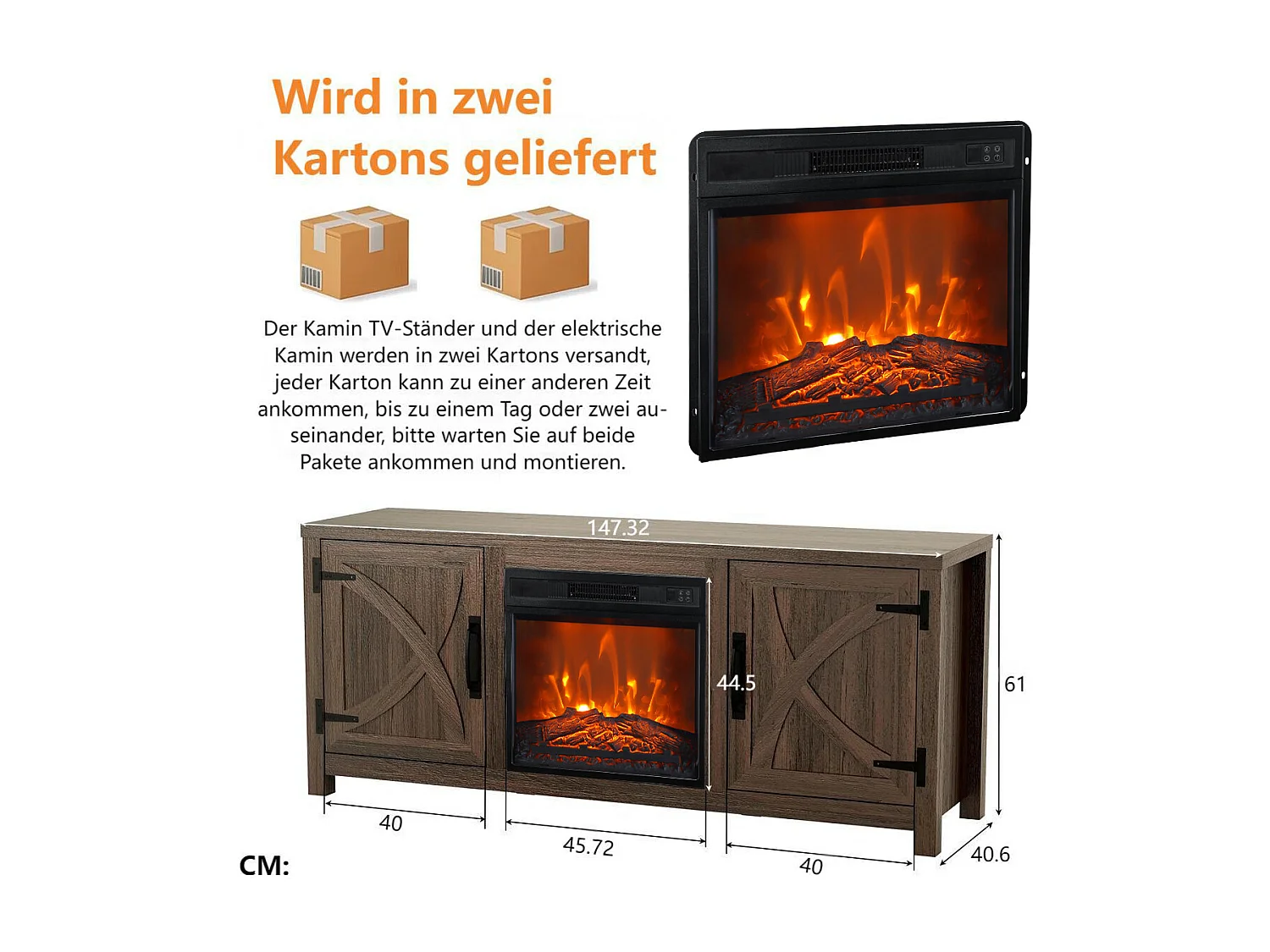 Parrot Uncle TV-Schrank Braun mit Elektrokamin 58" (147cm) | 3-in-1 Media Center + 18" Kamin | Eiche rustikal & Stauraum