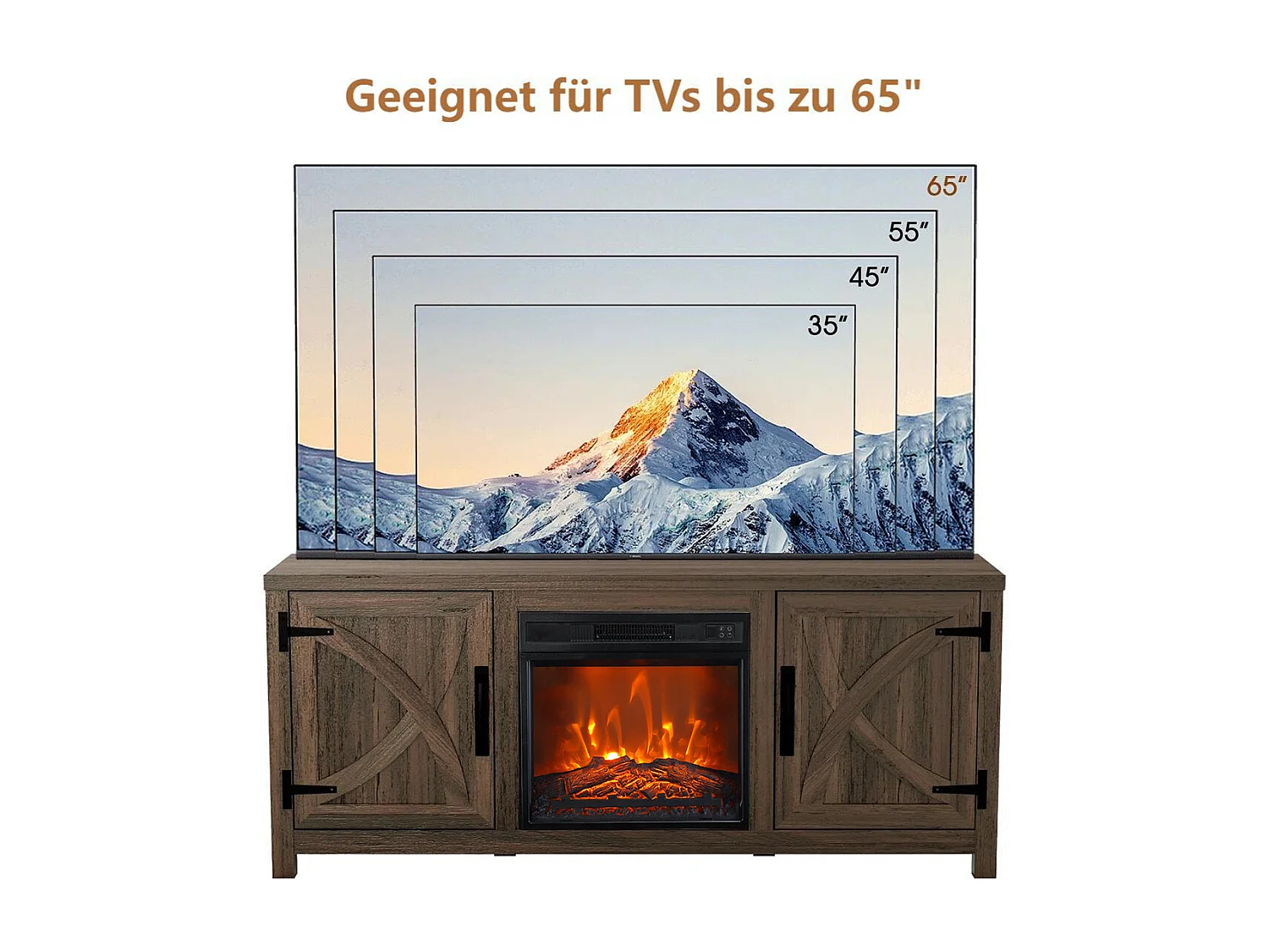 Parrot Uncle TV-Schrank Braun mit Elektrokamin 58" (147cm) | 3-in-1 Media Center + 18" Kamin | Eiche rustikal & Stauraum