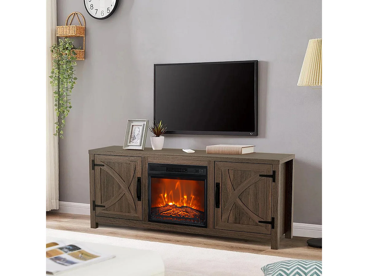 Parrot Uncle TV-Schrank Braun mit Elektrokamin 58" (147cm) | 3-in-1 Media Center + 18" Kamin | Eiche rustikal & Stauraum