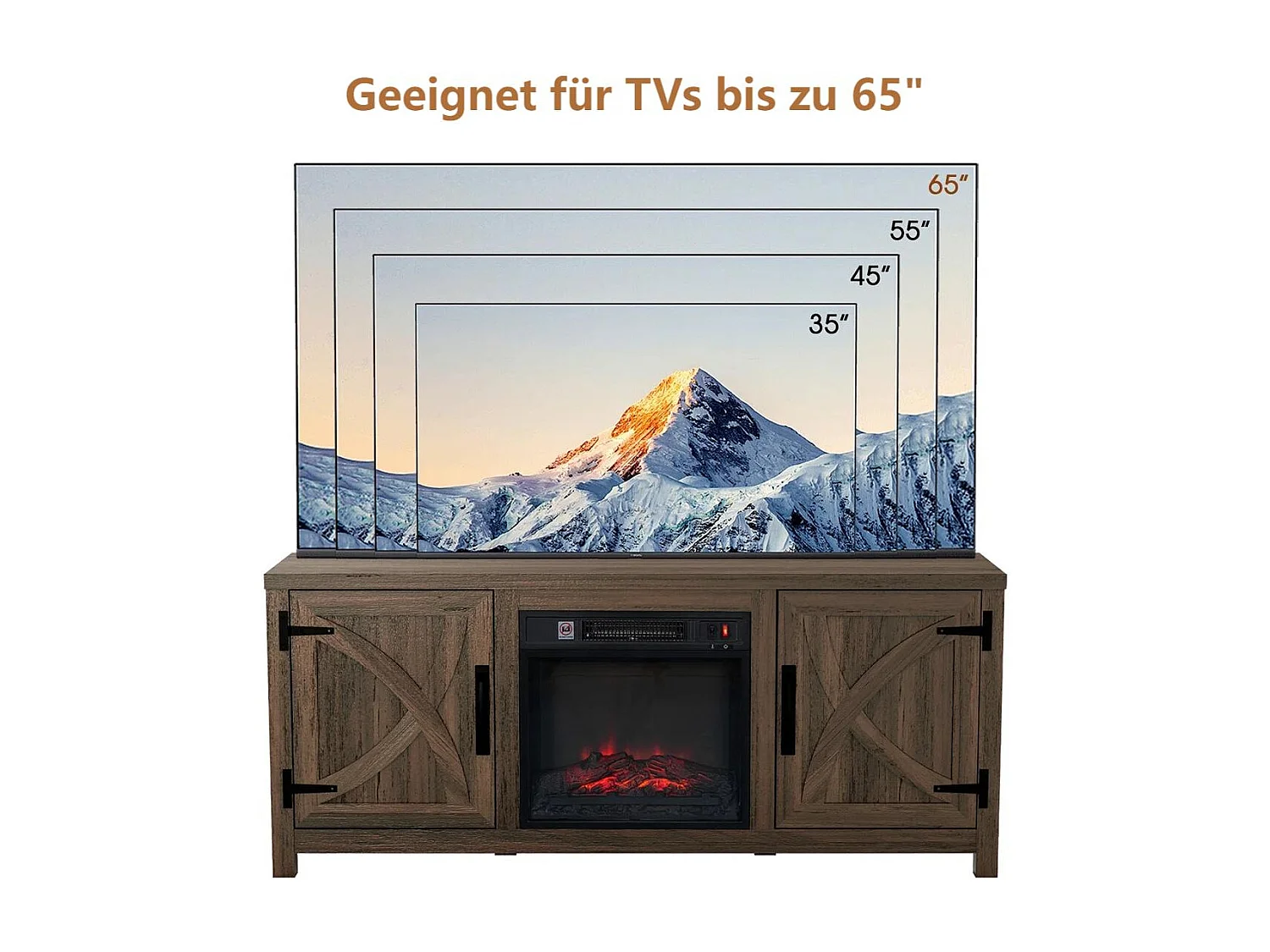 Parrot Uncle TV-Schrank Braun mit Elektrokamin 58" (147cm) | 3-in-1 Media Center + 18" Kamin | Eiche rustikal & Stauraum