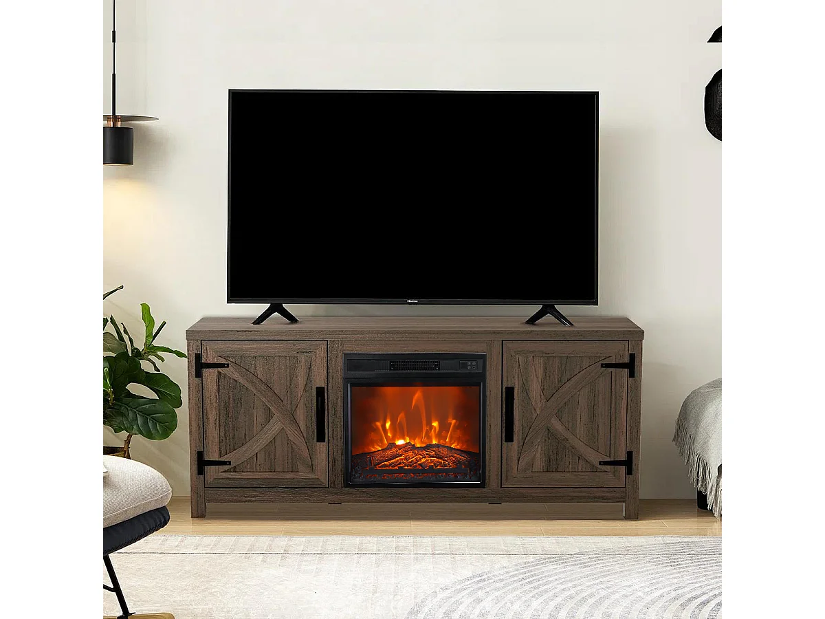 Parrot Uncle TV-Schrank Braun mit Elektrokamin 58" (147cm) | 3-in-1 Media Center + 18" Kamin | Eiche rustikal & Stauraum
