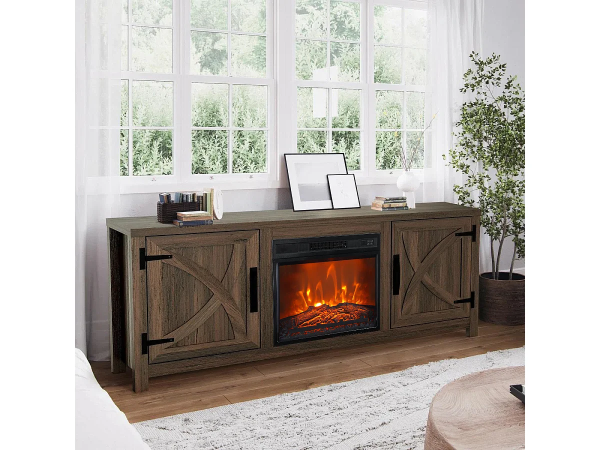 Parrot Uncle TV-Schrank Braun mit Elektrokamin 58" (147cm) | 3-in-1 Media Center + 18" Kamin | Eiche rustikal & Stauraum