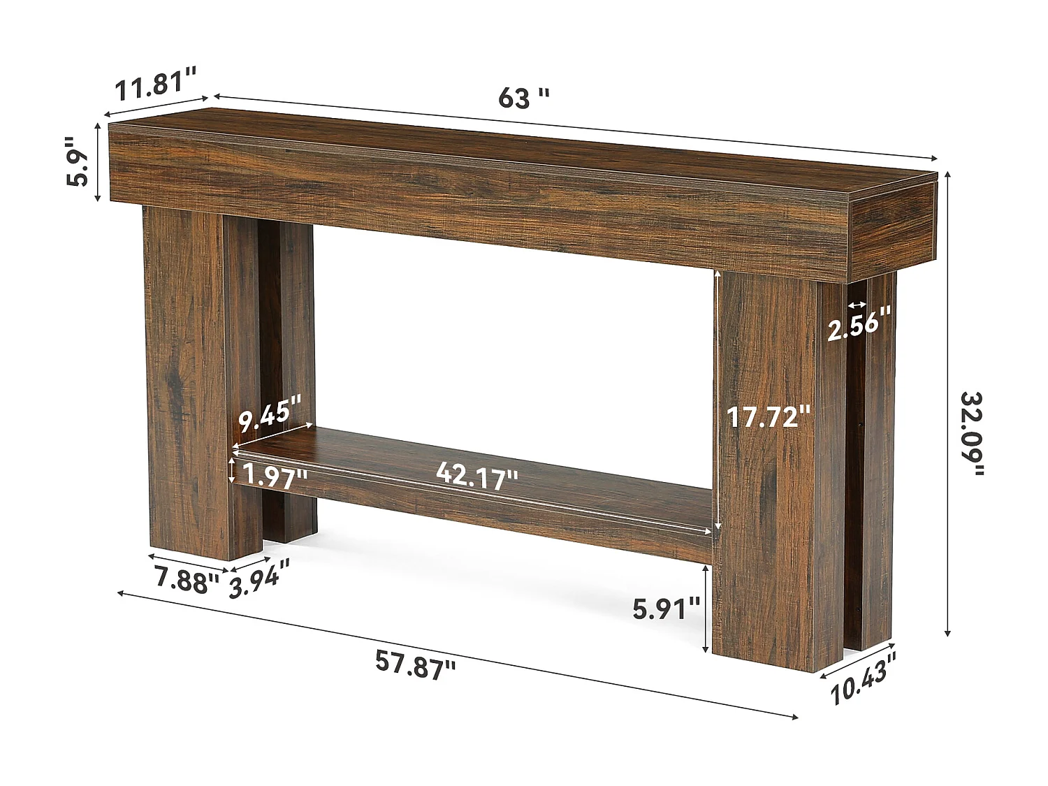 2-Schicht-Konsolentisch, 160cm Sofa-Tisch hinter der Couch, Industrie-Konsolen-Sofa-Tisch mit Ablagefach