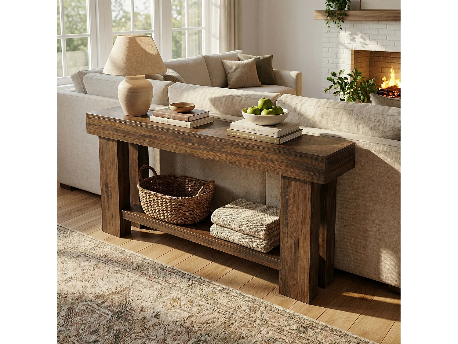 2-Schicht-Konsolentisch, 160cm Sofa-Tisch hinter der Couch, Industrie-Konsolen-Sofa-Tisch mit Ablagefach