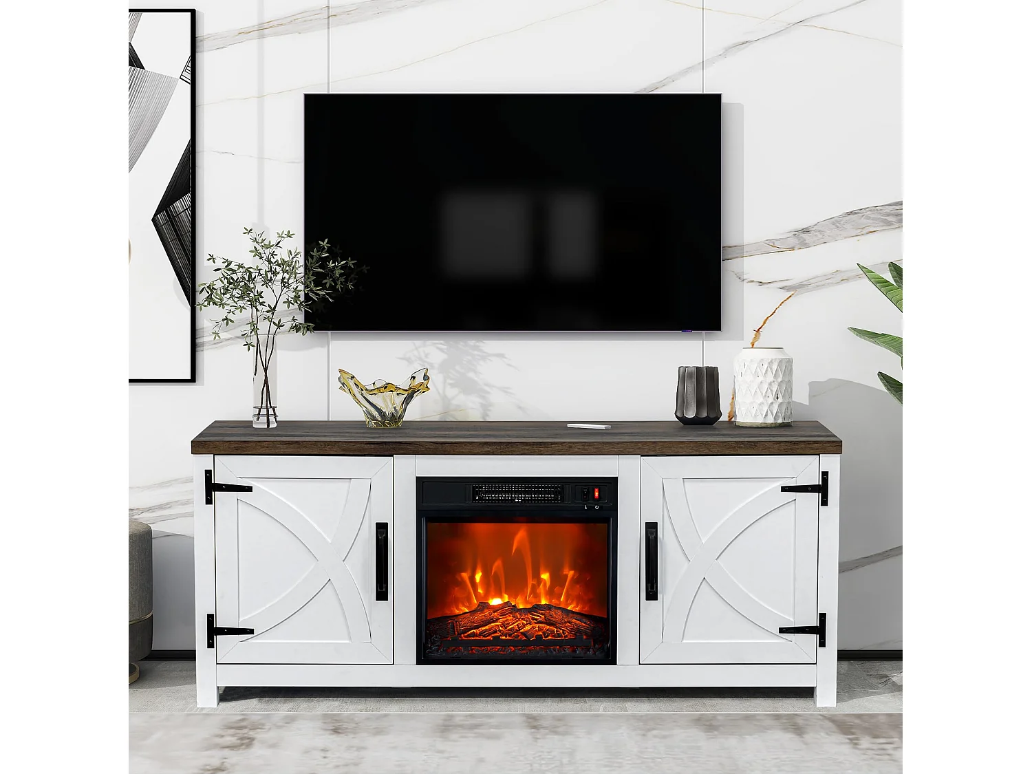 Parrot Uncle TV-Schrank mit Elektrokamin 58" (147cm) | 3-in-1: Media Center + 18" Kamin + XXL Stauraum | Weiß Modern