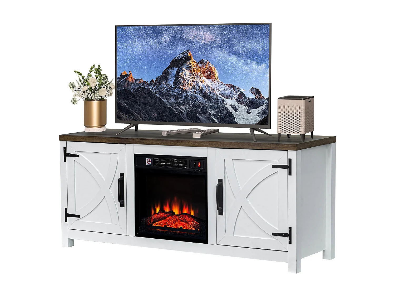 Parrot Uncle TV-Schrank mit Elektrokamin 58" (147cm) | 3-in-1: Media Center + 18" Kamin + XXL Stauraum | Weiß Modern