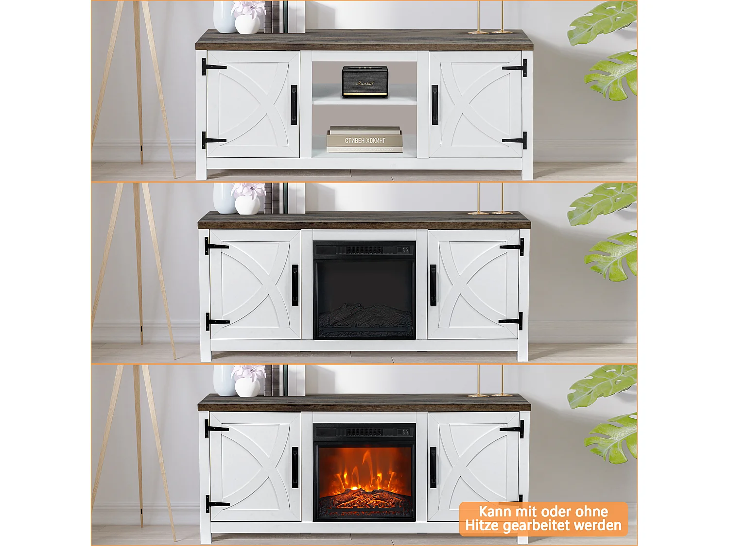 Parrot Uncle TV-Schrank mit Elektrokamin 58" (147cm) | 3-in-1: Media Center + 18" Kamin + XXL Stauraum | Weiß Modern
