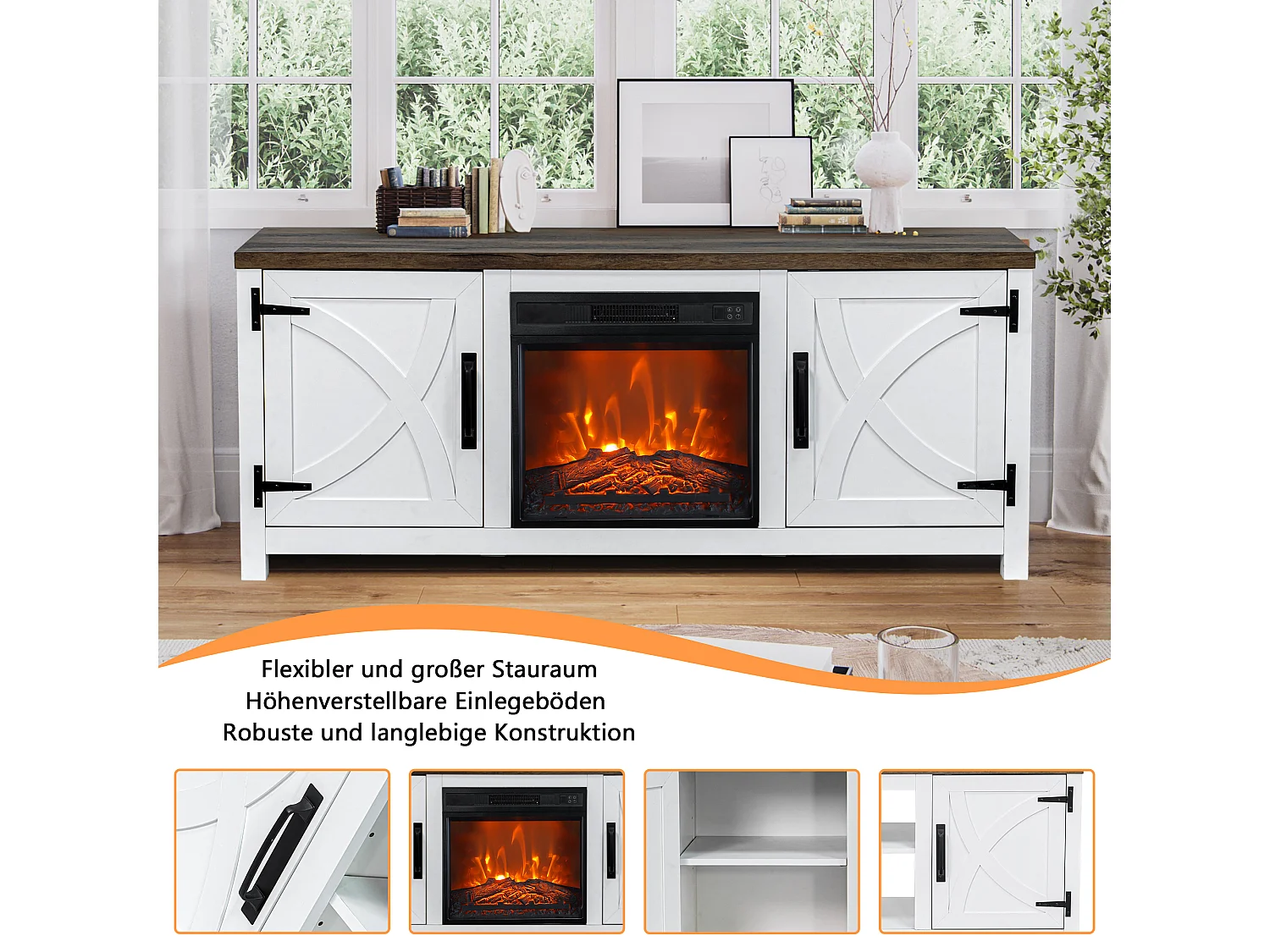Parrot Uncle TV-Schrank mit Elektrokamin 58" (147cm) | 3-in-1: Media Center + 18" Kamin + XXL Stauraum | Weiß Modern