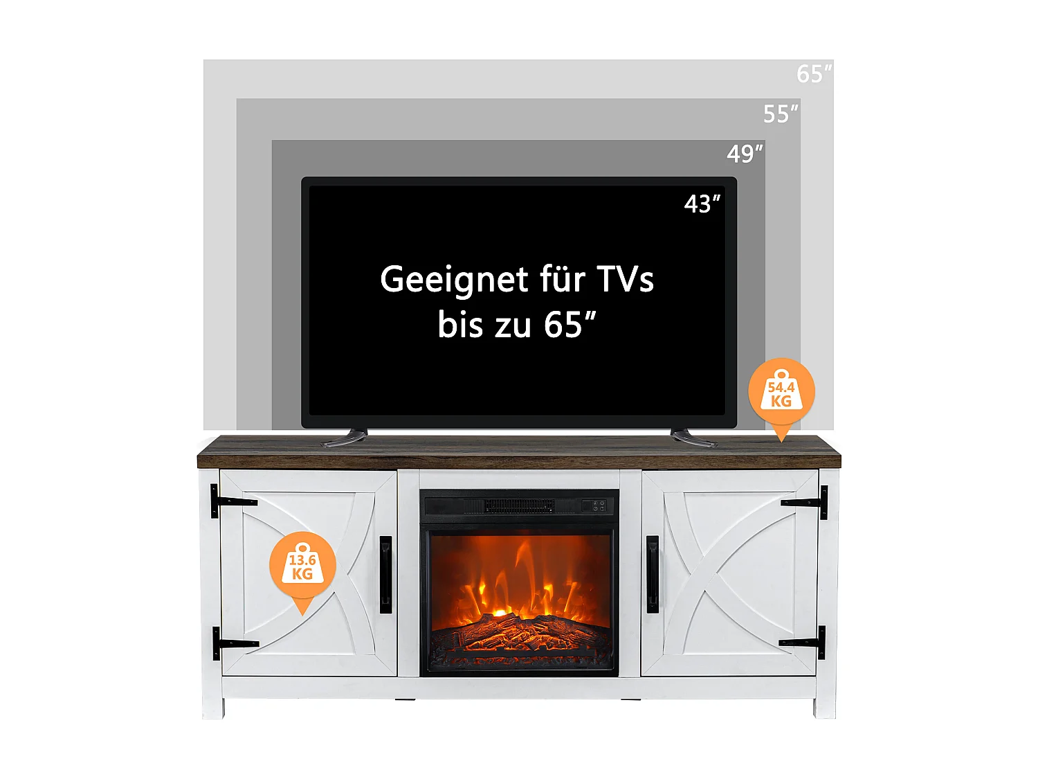 Parrot Uncle TV-Schrank mit Elektrokamin 58" (147cm) | 3-in-1: Media Center + 18" Kamin + XXL Stauraum | Weiß Modern