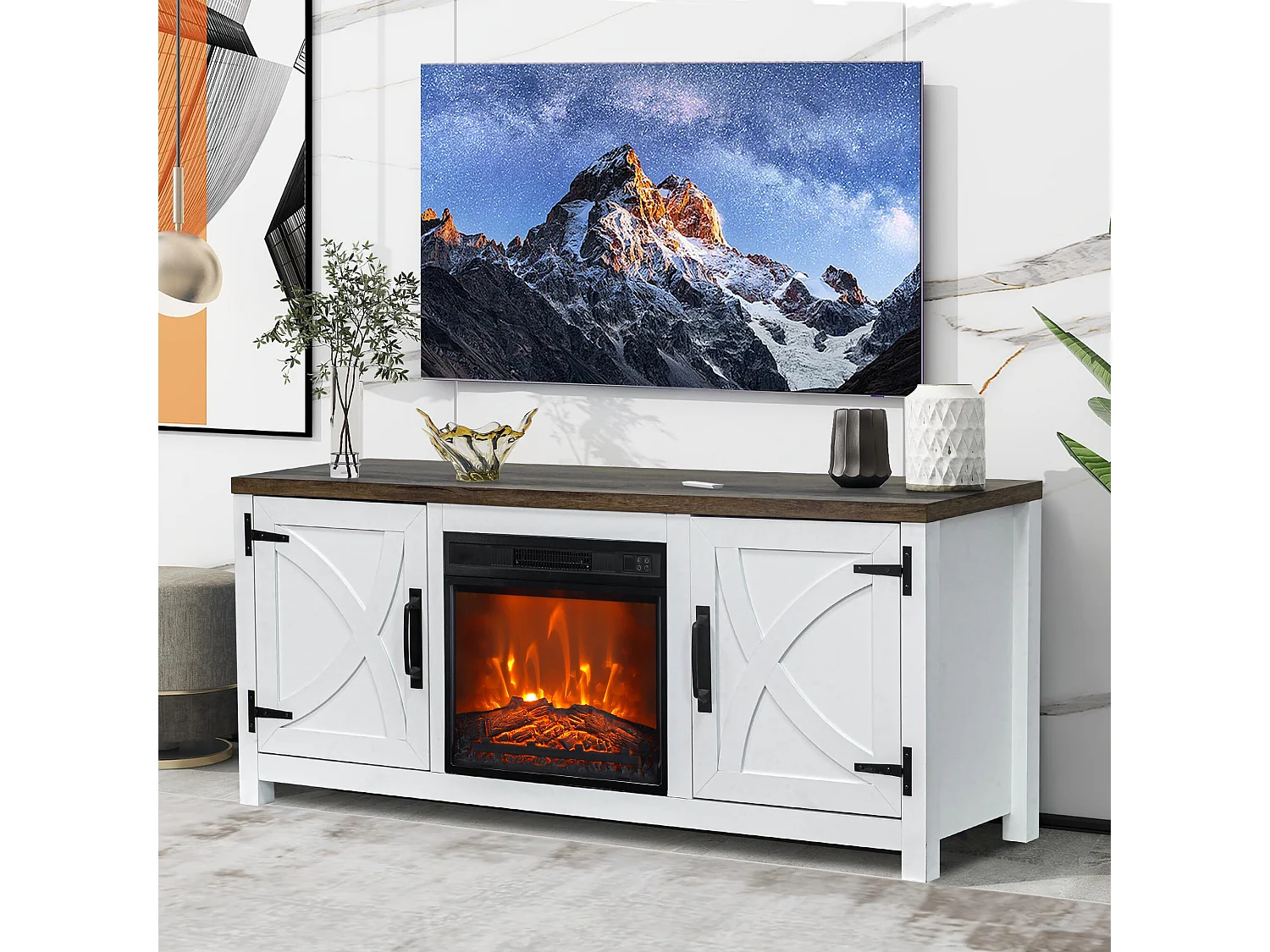 Parrot Uncle TV-Schrank mit Elektrokamin 58" (147cm) | 3-in-1: Media Center + 18" Kamin + XXL Stauraum | Weiß Modern