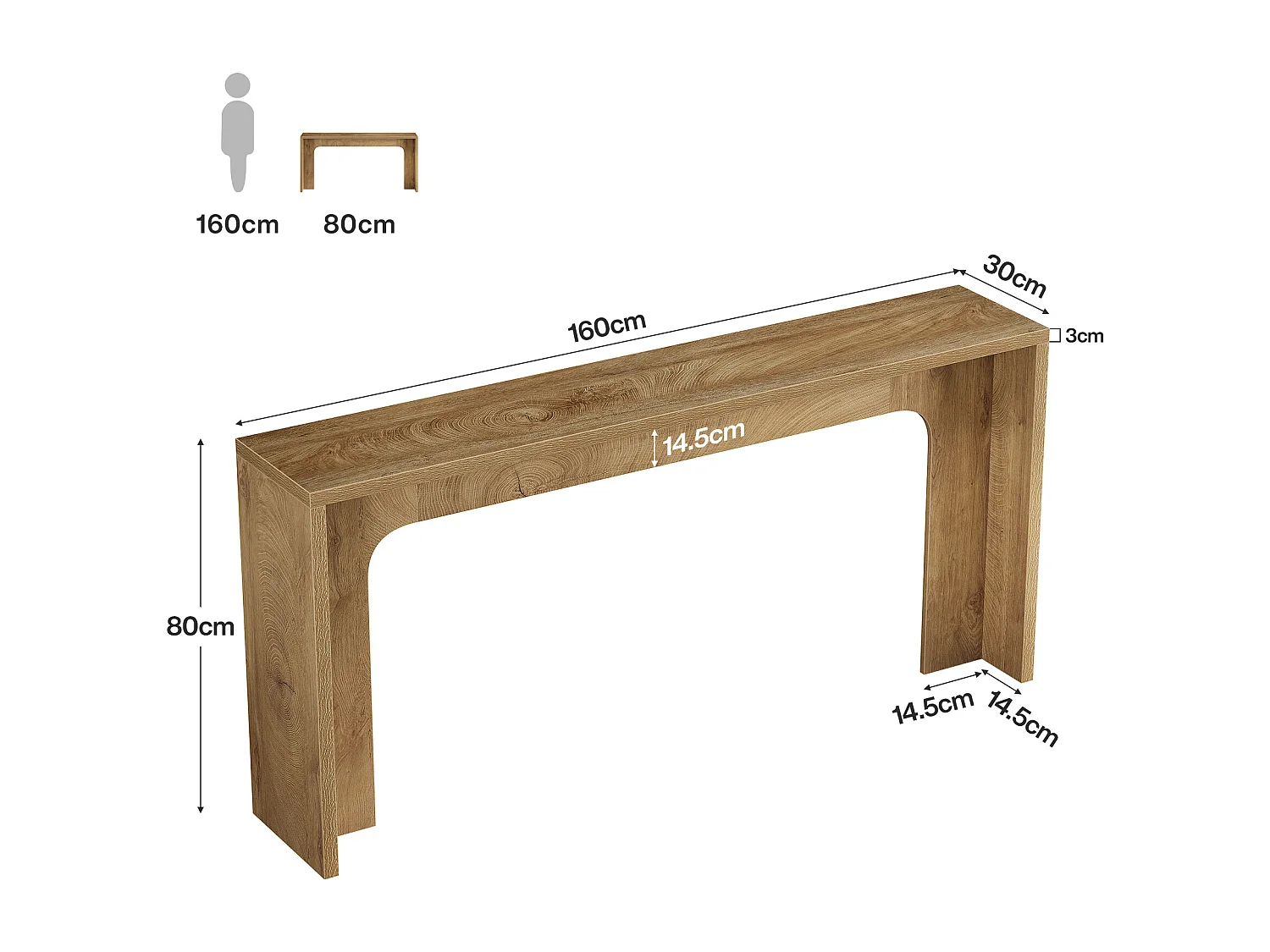 Console étroite de 160 cm, table d'entrée moderne et minimaliste avec base robuste