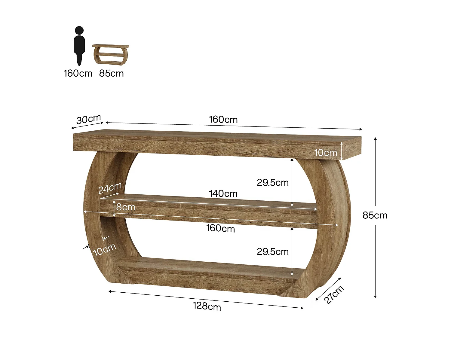 Console de 160 cm, table d'entrée à 3 niveaux avec étagères de rangement, style industriel