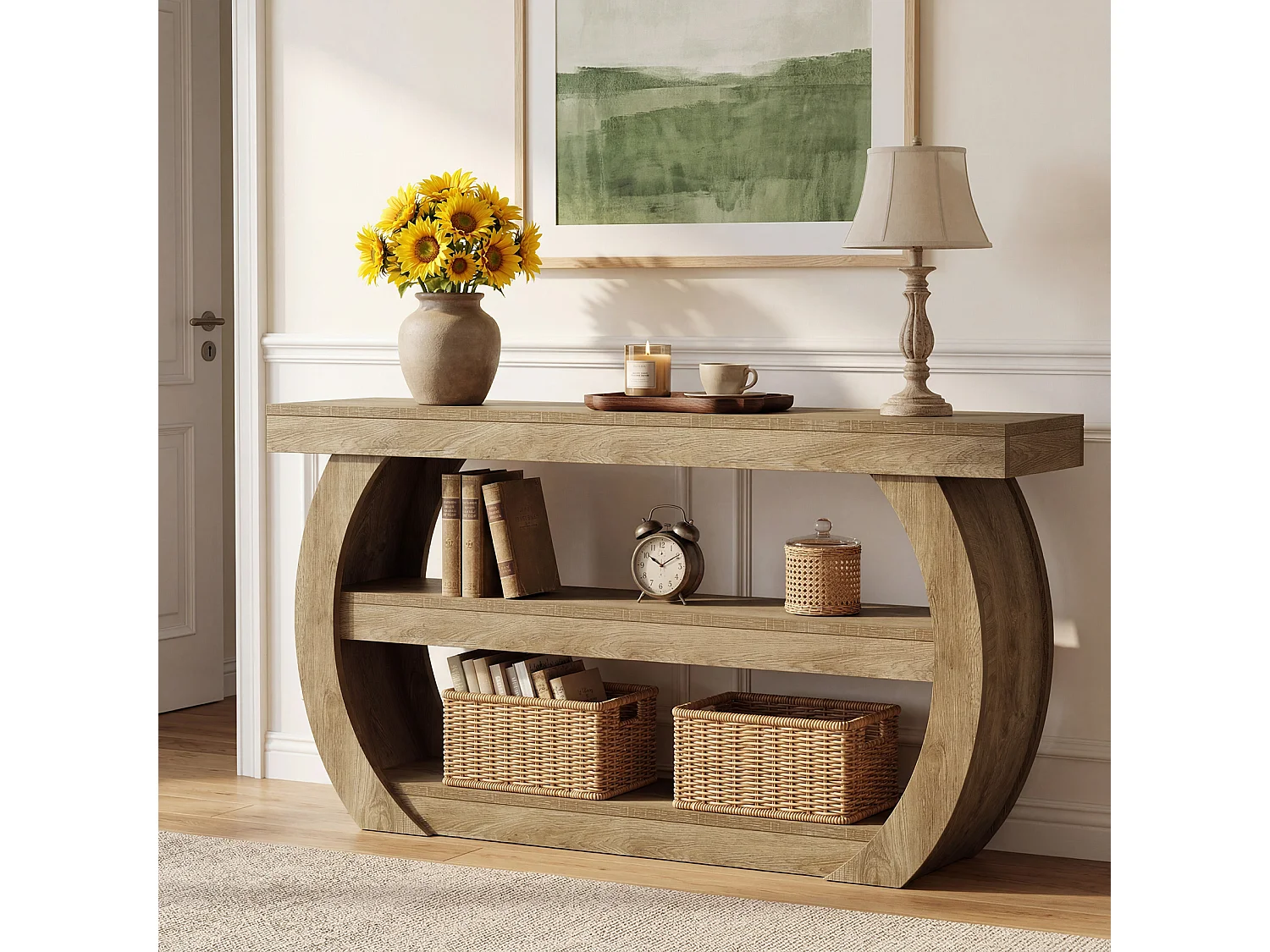 Console de 160 cm, table d'entrée à 3 niveaux avec étagères de rangement, style industriel