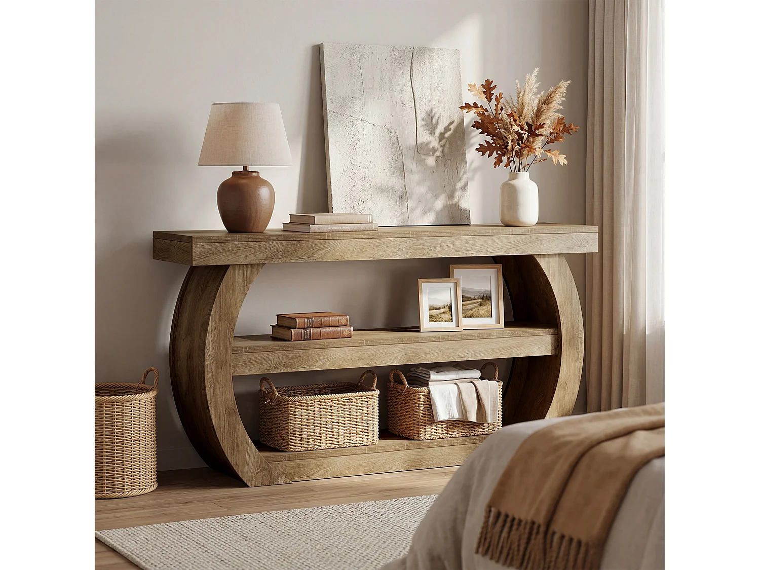 Console de 160 cm, table d'entrée à 3 niveaux avec étagères de rangement, style industriel