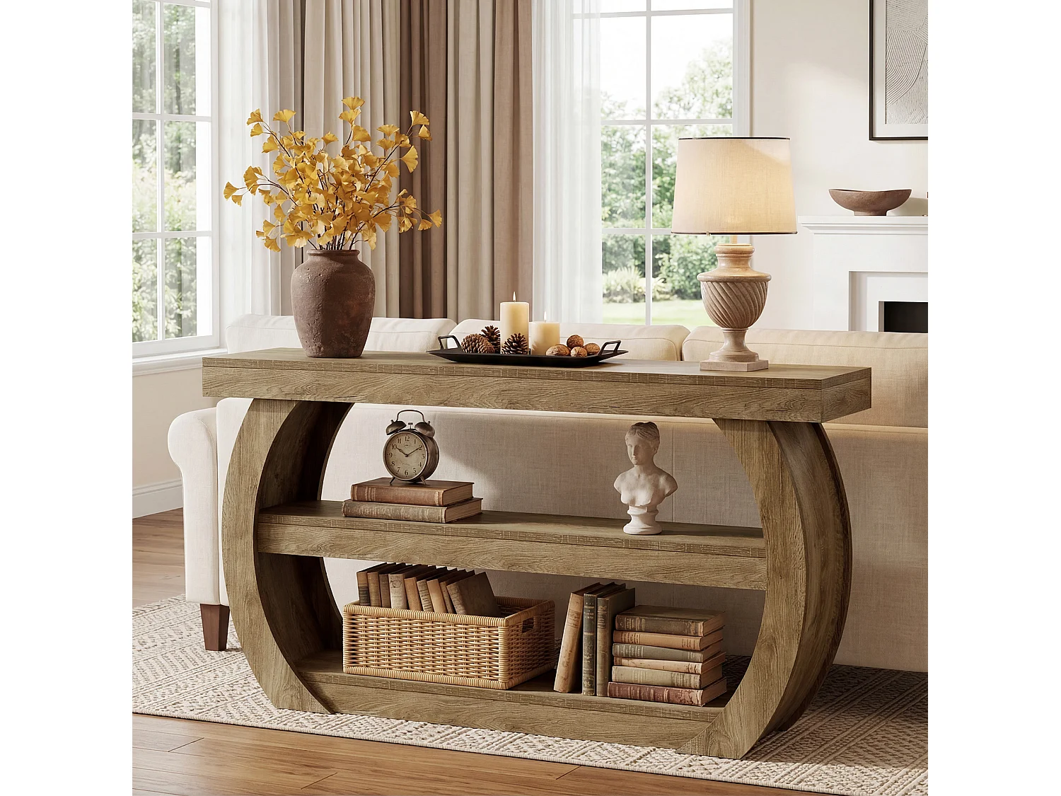 Console de 160 cm, table d'entrée à 3 niveaux avec étagères de rangement, style industriel