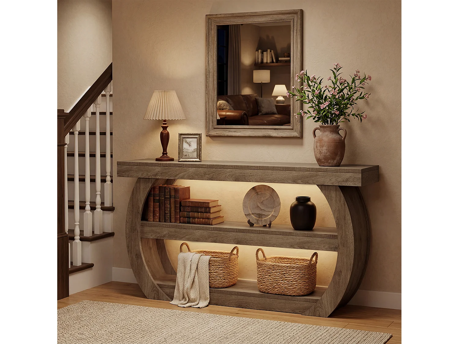 Console de 160 cm, table d'entrée à 3 niveaux avec étagères de rangement, style industriel