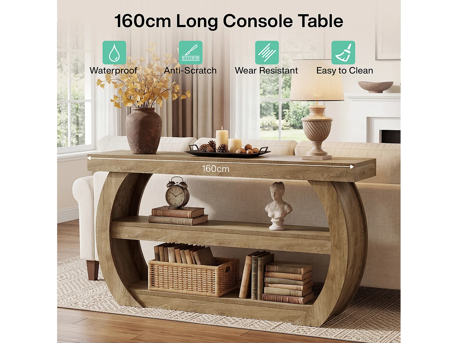 Console de 160 cm, table d'entrée à 3 niveaux avec étagères de rangement, style industriel