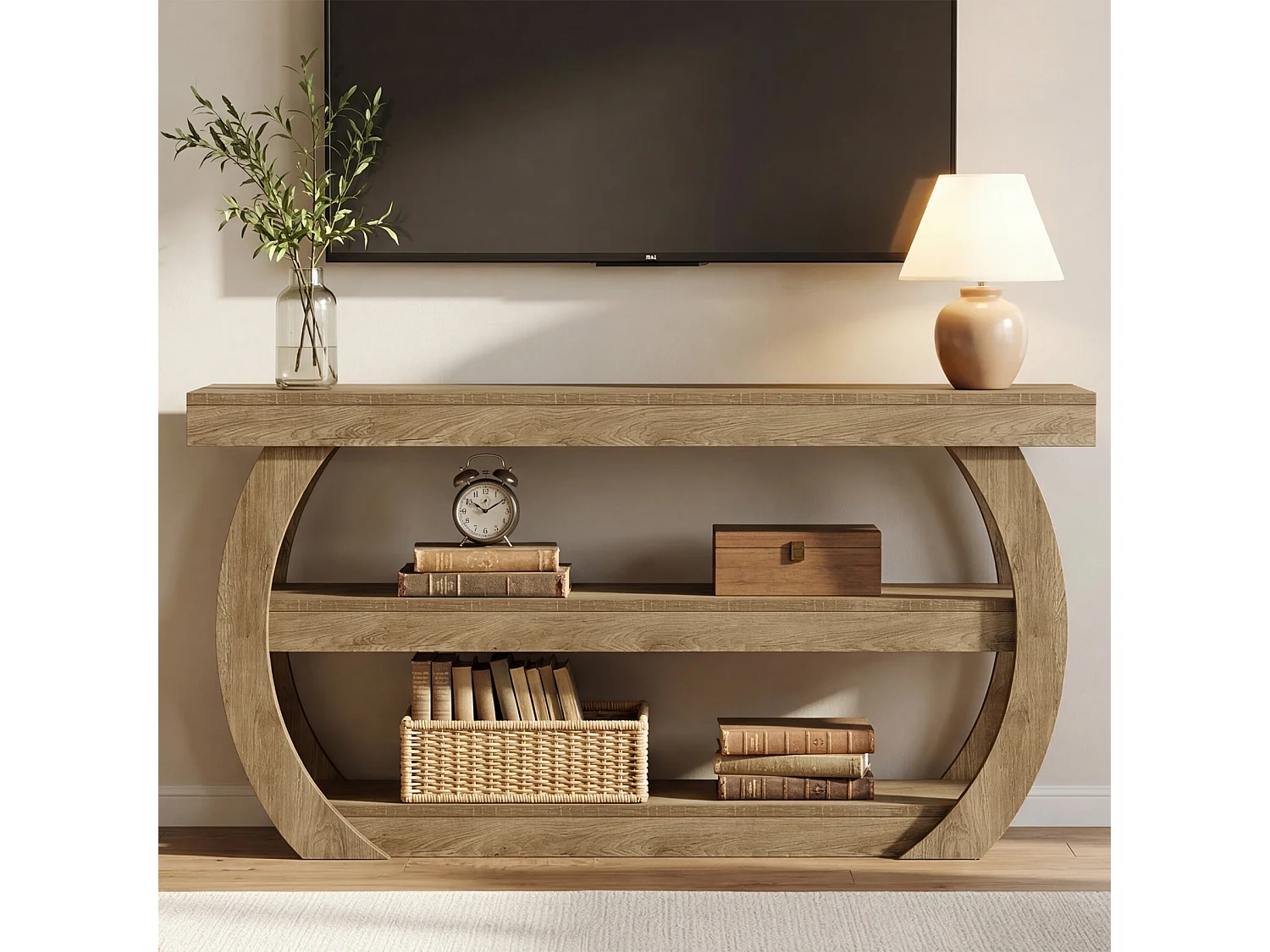 Console de 160 cm, table d'entrée à 3 niveaux avec étagères de rangement, style industriel