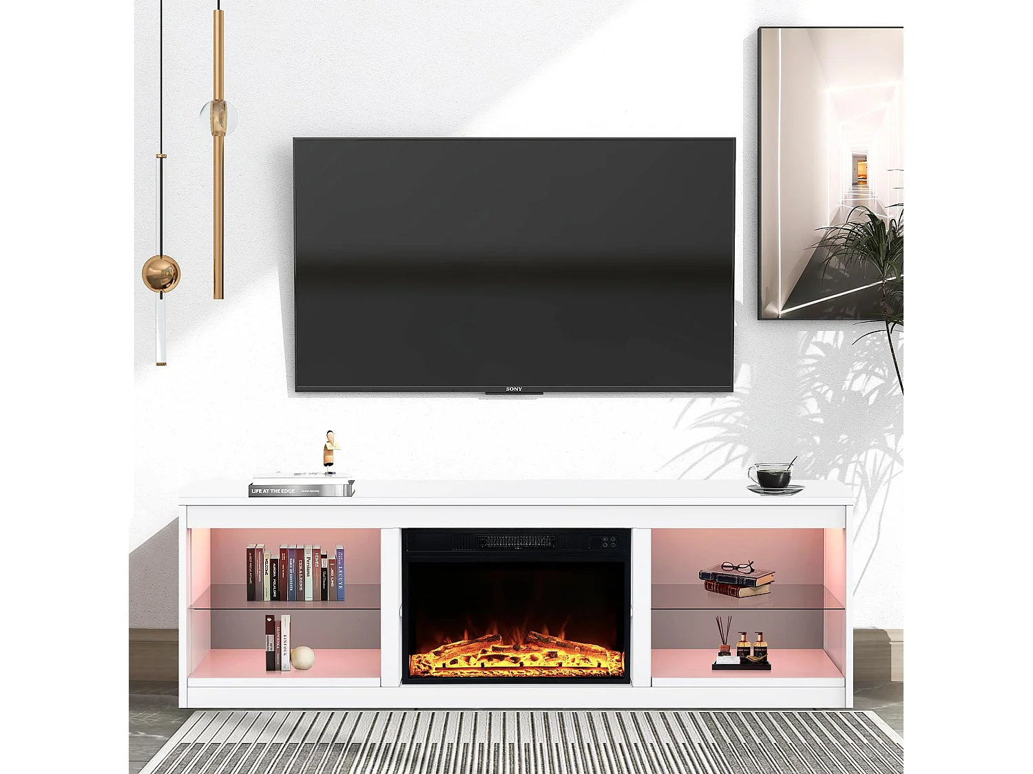 Parrot Uncle TV-Schrank für Fernseher bis 75 Zoll, MDF, Weiß , mit 24" Elektrokamin und Farbwechselnde LED-Leiste, 168 x 42 x 56 cm, 54 kg Tragkraft