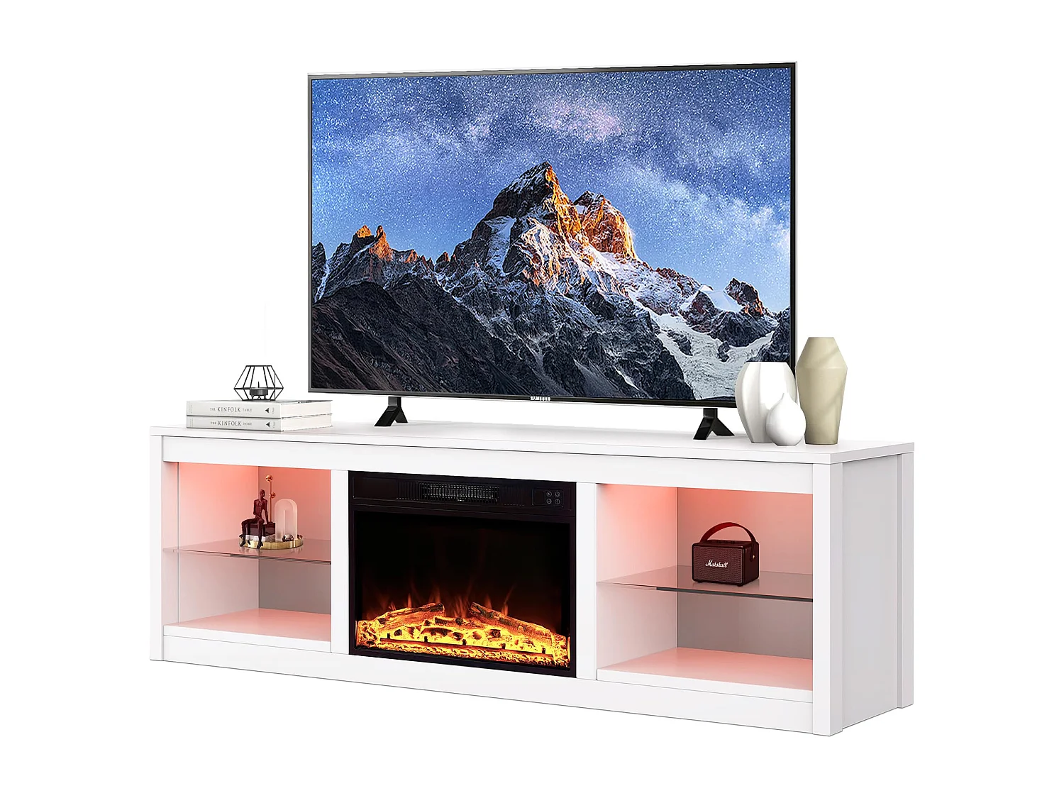 Parrot Uncle TV-Schrank für Fernseher bis 75 Zoll, MDF, Weiß , mit 24" Elektrokamin und Farbwechselnde LED-Leiste, 168 x 42 x 56 cm, 54 kg Tragkraft