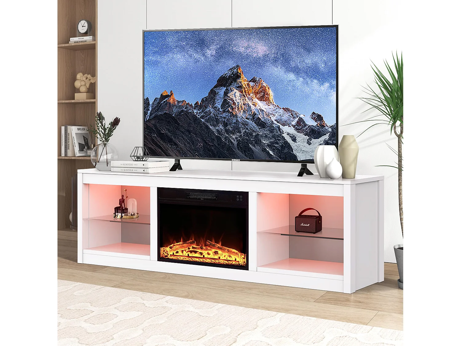 Parrot Uncle TV-Schrank für Fernseher bis 75 Zoll, MDF, Weiß , mit 24" Elektrokamin und Farbwechselnde LED-Leiste, 168 x 42 x 56 cm, 54 kg Tragkraft