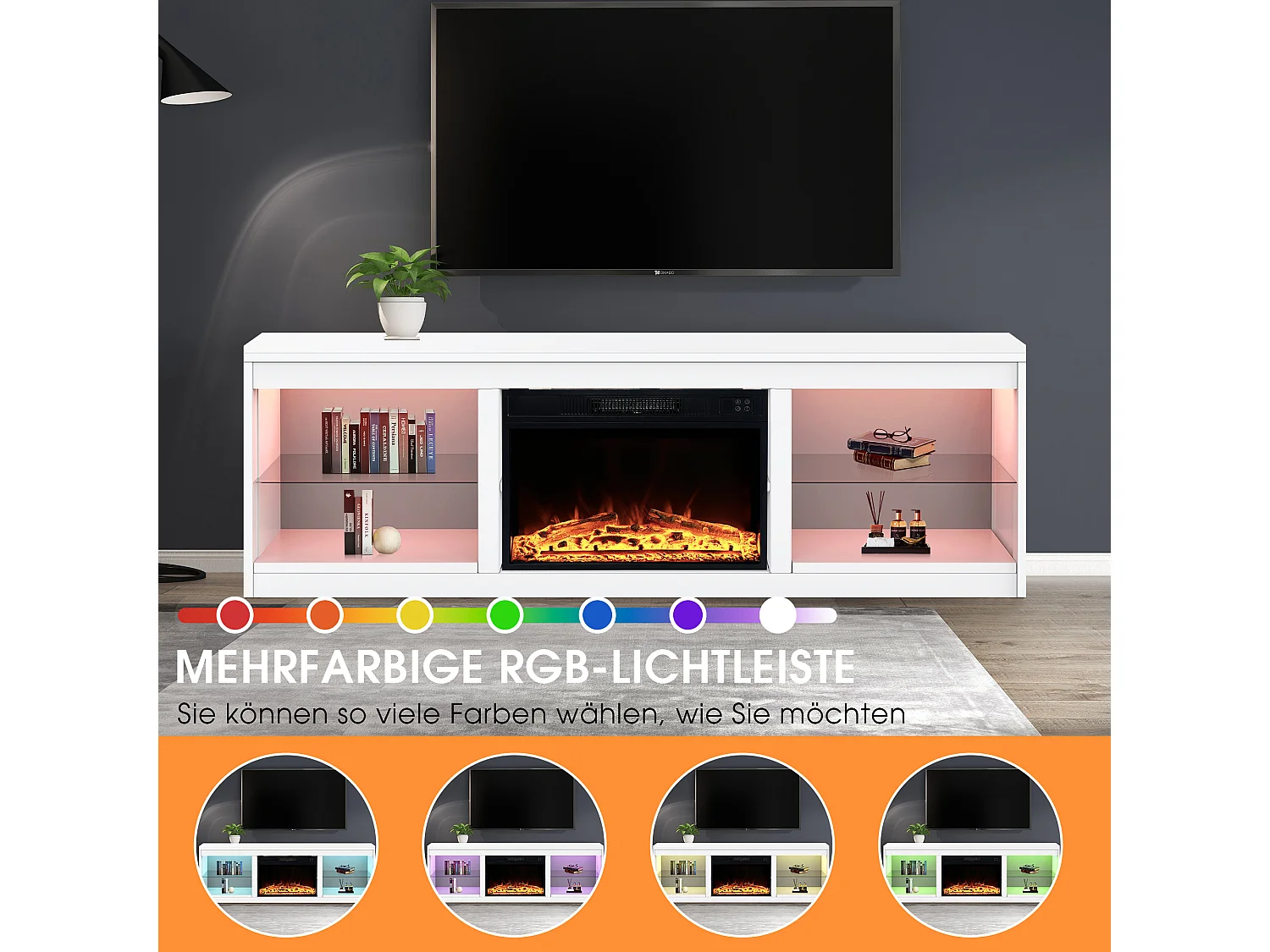 Parrot Uncle TV-Schrank für Fernseher bis 75 Zoll, MDF, Weiß , mit 24" Elektrokamin und Farbwechselnde LED-Leiste, 168 x 42 x 56 cm, 54 kg Tragkraft