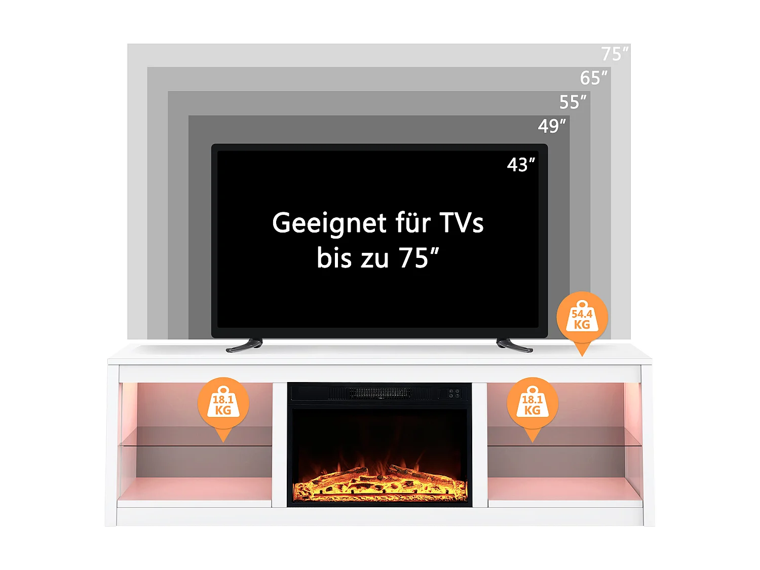 Parrot Uncle TV-Schrank für Fernseher bis 75 Zoll, MDF, Weiß , mit 24" Elektrokamin und Farbwechselnde LED-Leiste, 168 x 42 x 56 cm, 54 kg Tragkraft