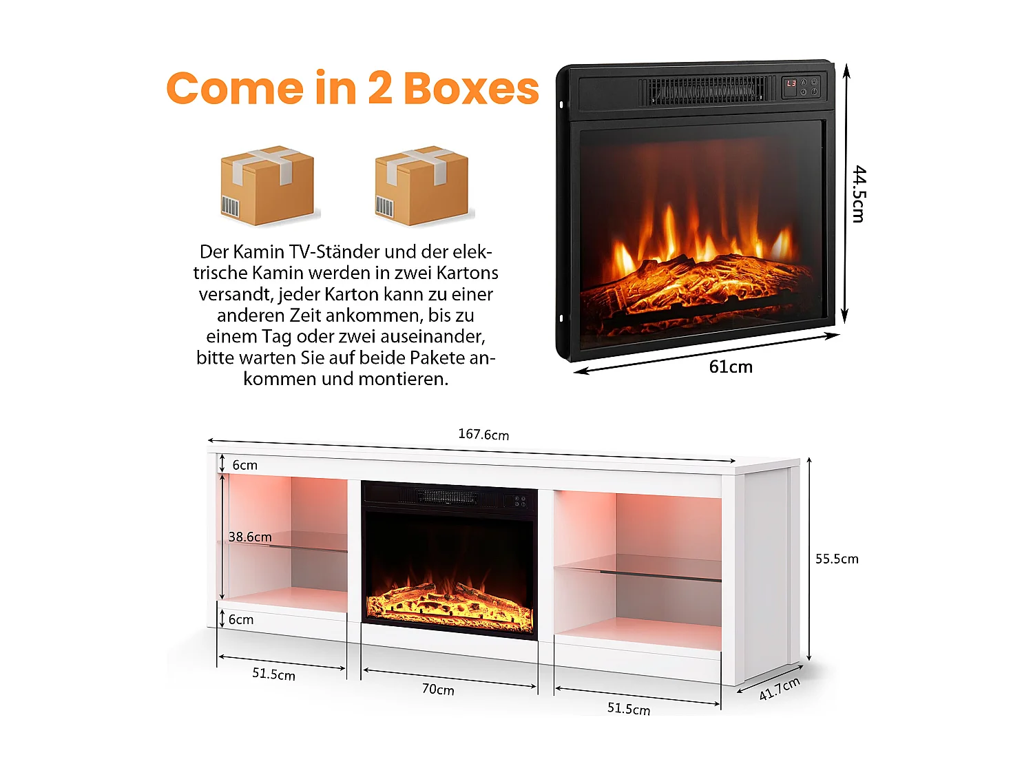 Parrot Uncle TV-Schrank für Fernseher bis 75 Zoll, MDF, Weiß , mit 24" Elektrokamin und Farbwechselnde LED-Leiste, 168 x 42 x 56 cm, 54 kg Tragkraft