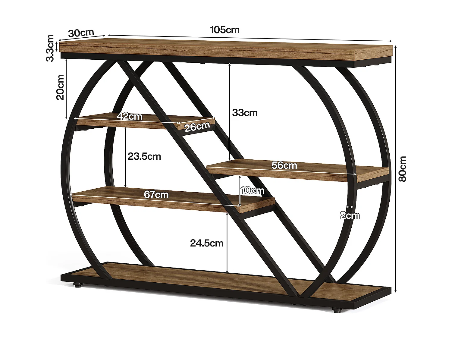 105 cm Konsole, 5-stufige industrielle Eingangstafel mit Ablageschränken und gewölbtem Metallrahmen