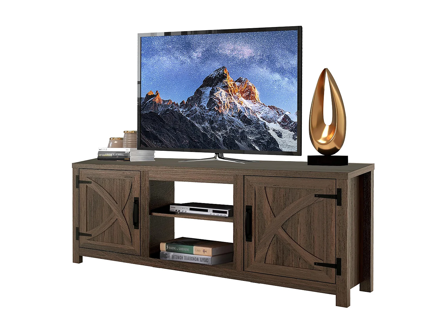 Parrot Uncle TV-Schrank für Fernseher bis 65 Zoll, MDF, Brauner , mit 2 offenen Fächern und 2 Tür, 147 x 41 x 62 cm, 54 kg Tragkraft