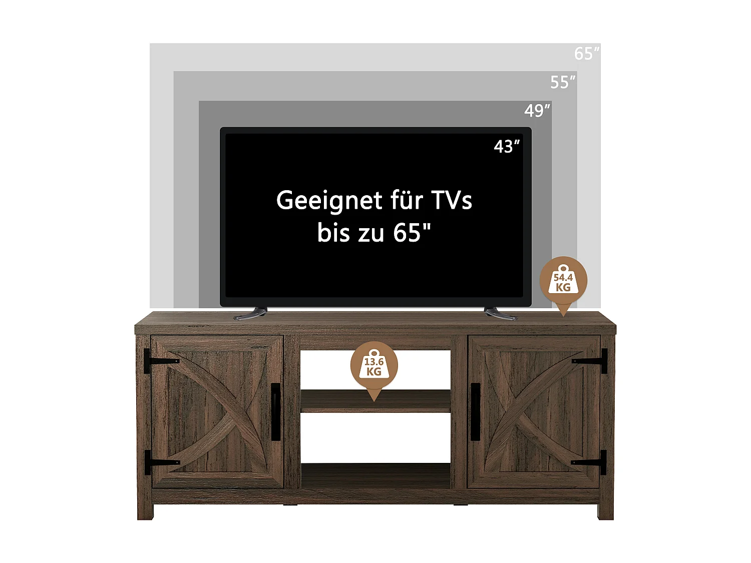 Parrot Uncle TV-Schrank für Fernseher bis 65 Zoll, MDF, Brauner , mit 2 offenen Fächern und 2 Tür, 147 x 41 x 62 cm, 54 kg Tragkraft