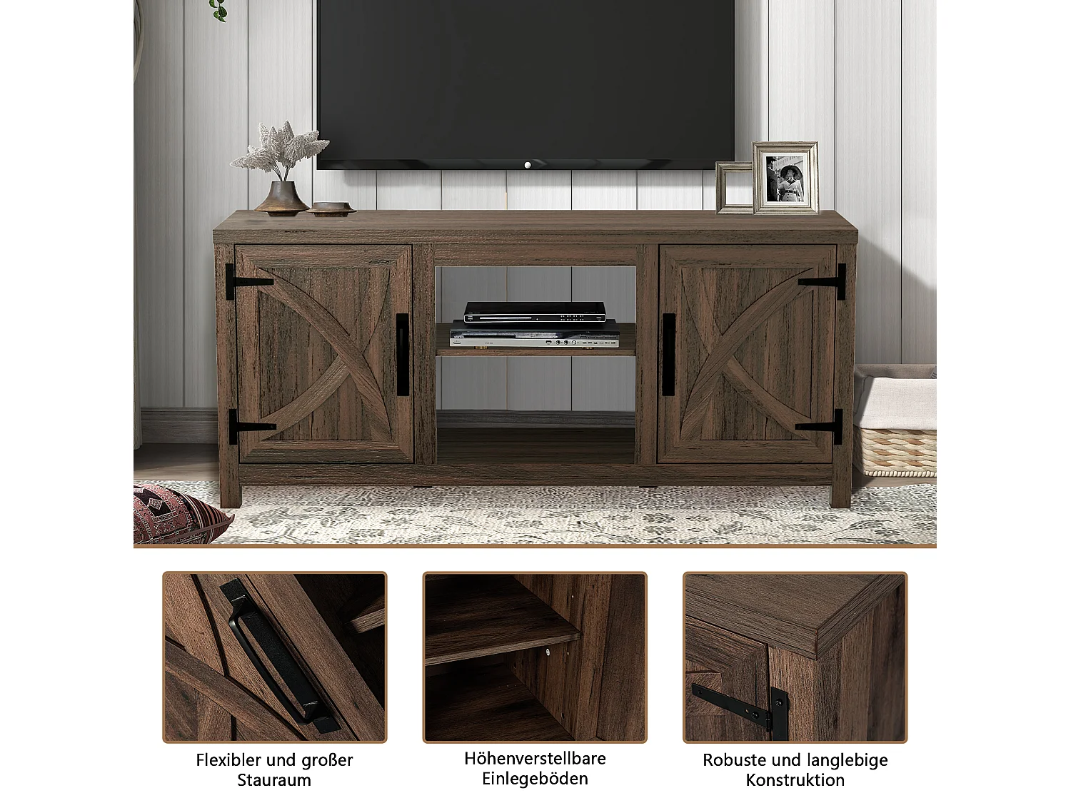 Parrot Uncle TV-Schrank für Fernseher bis 65 Zoll, MDF, Brauner , mit 2 offenen Fächern und 2 Tür, 147 x 41 x 62 cm, 54 kg Tragkraft