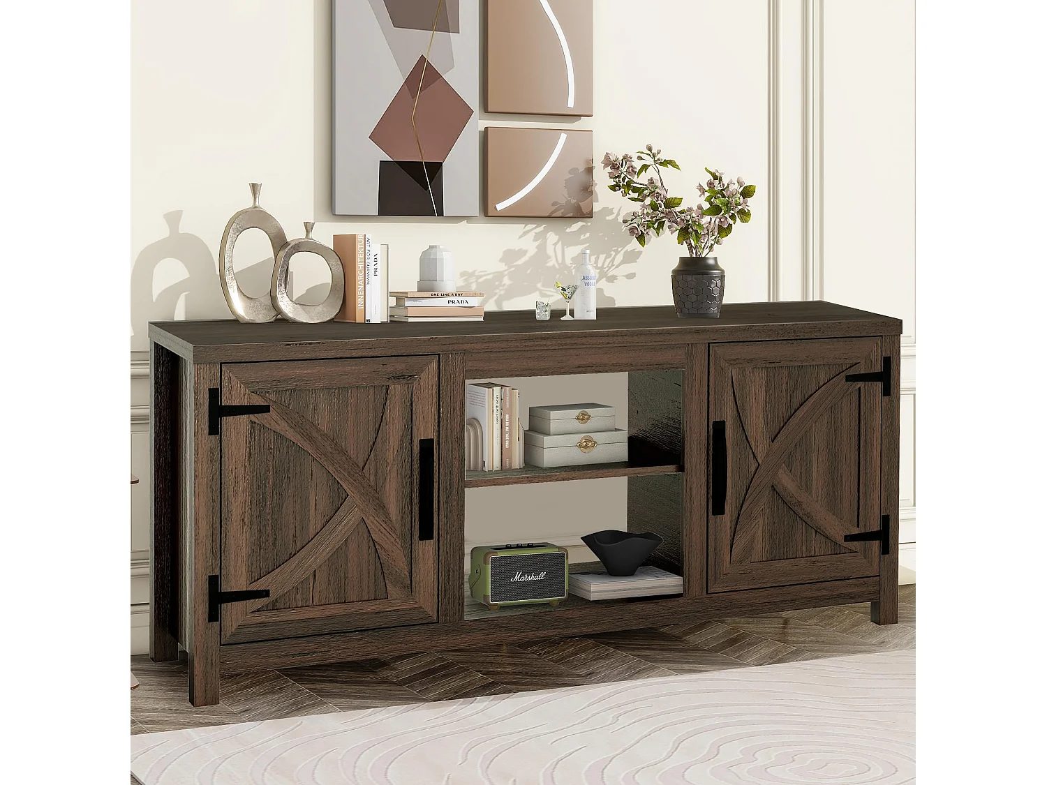 Parrot Uncle TV-Schrank für Fernseher bis 65 Zoll, MDF, Brauner , mit 2 offenen Fächern und 2 Tür, 147 x 41 x 62 cm, 54 kg Tragkraft