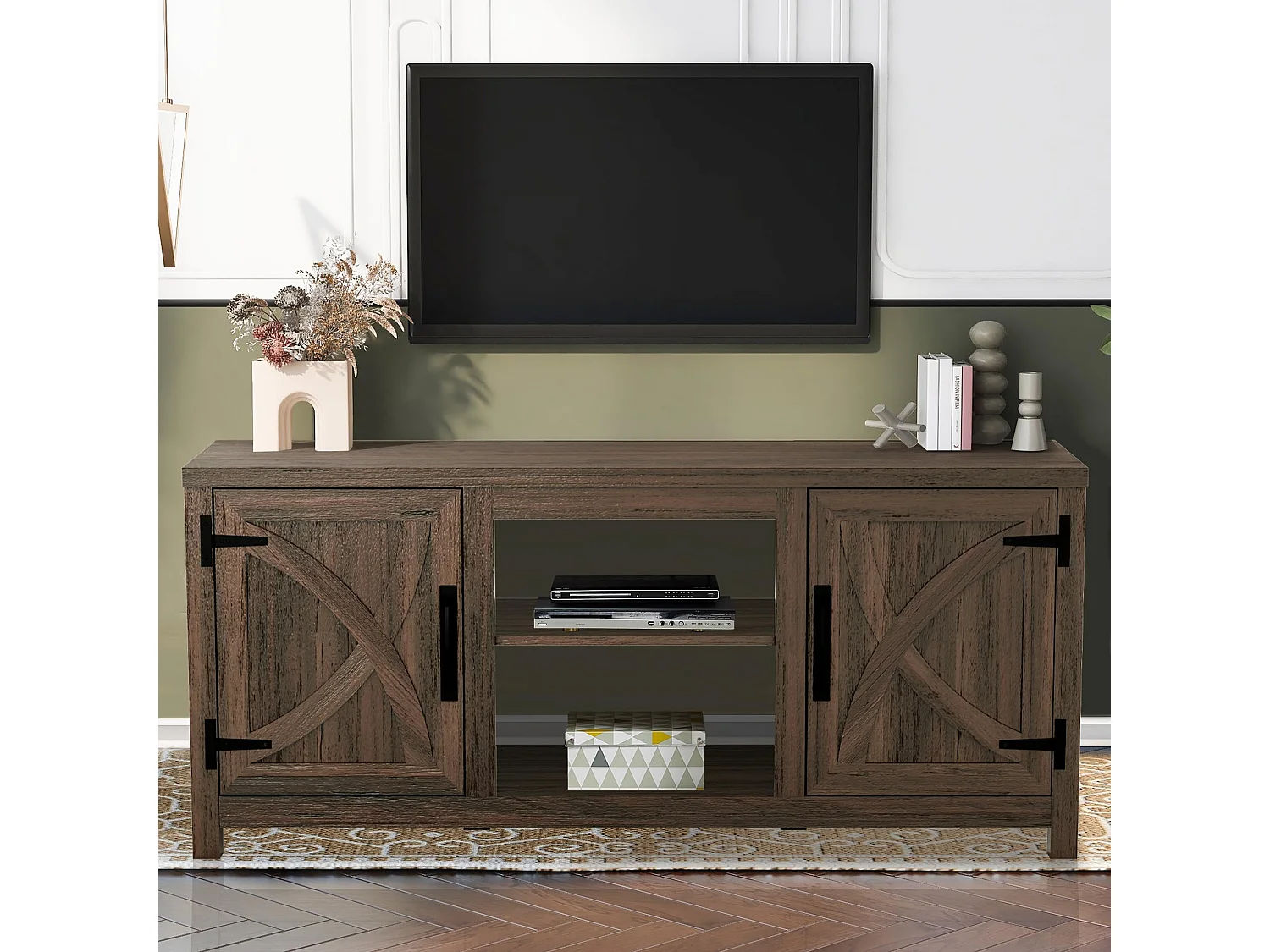 Parrot Uncle TV-Schrank für Fernseher bis 65 Zoll, MDF, Brauner , mit 2 offenen Fächern und 2 Tür, 147 x 41 x 62 cm, 54 kg Tragkraft
