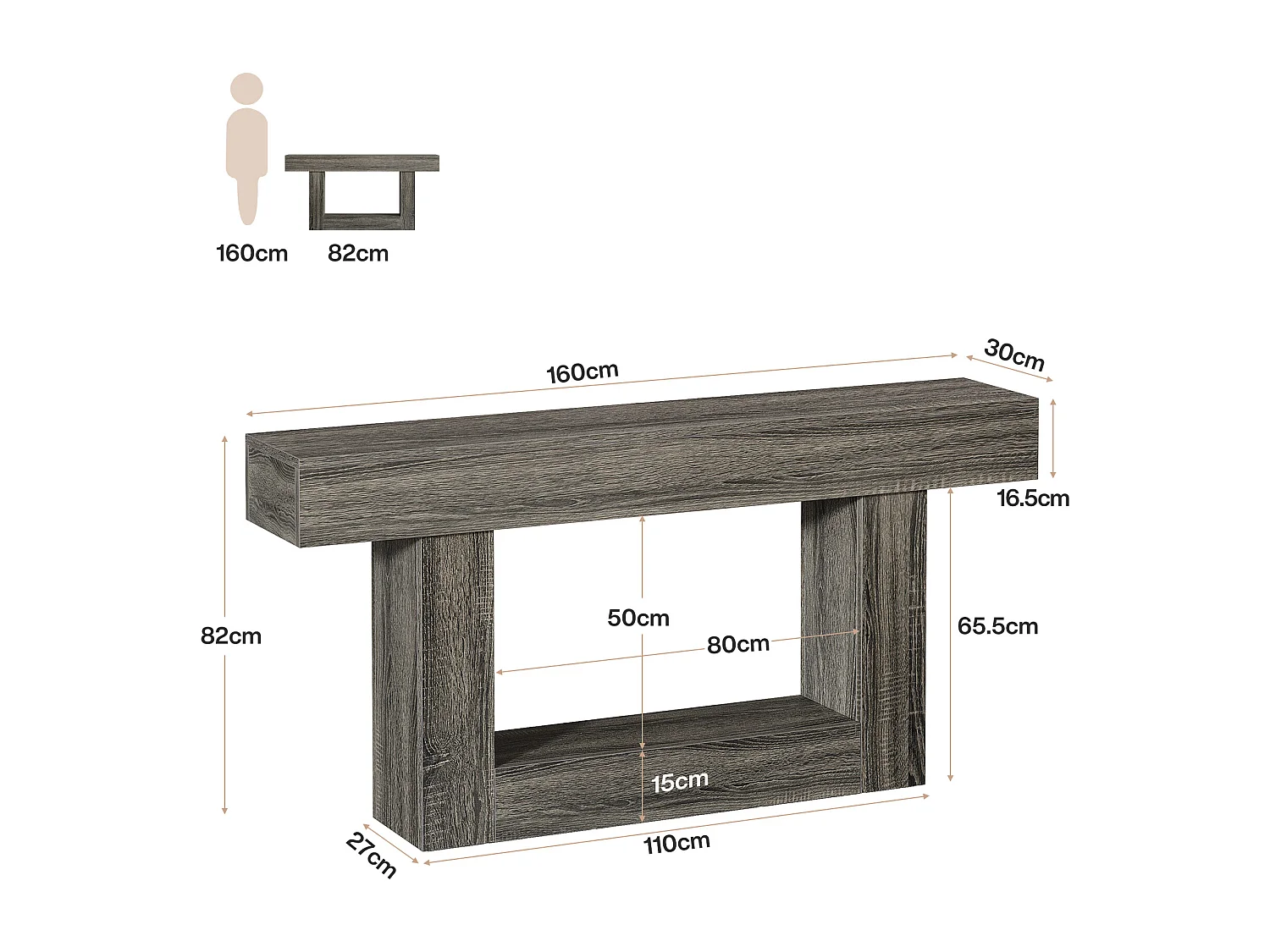 Console de 160 cm, style campagnard, à deux niveaux, avec piètement en U, grise