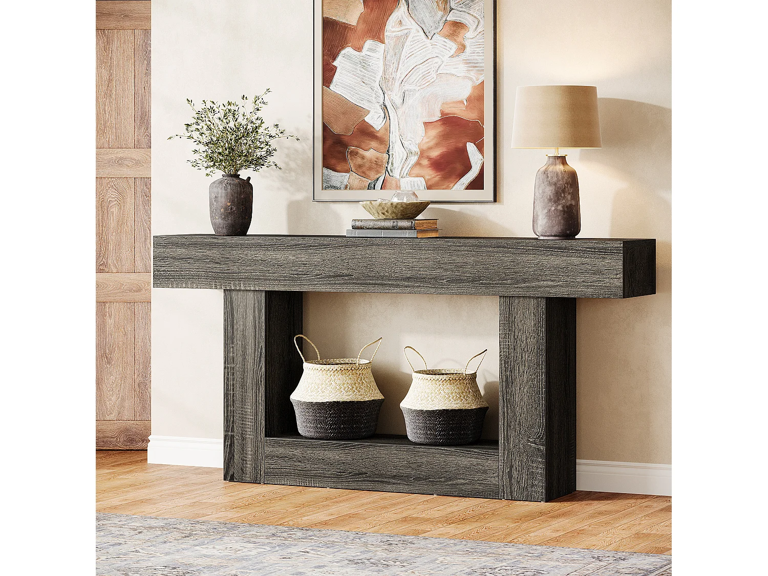 Console de 160 cm, style campagnard, à deux niveaux, avec piètement en U, grise