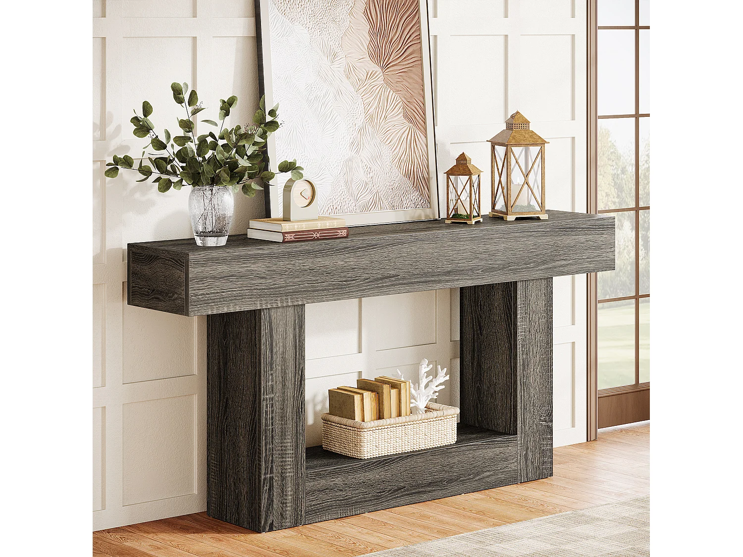 Console de 160 cm, style campagnard, à deux niveaux, avec piètement en U, grise