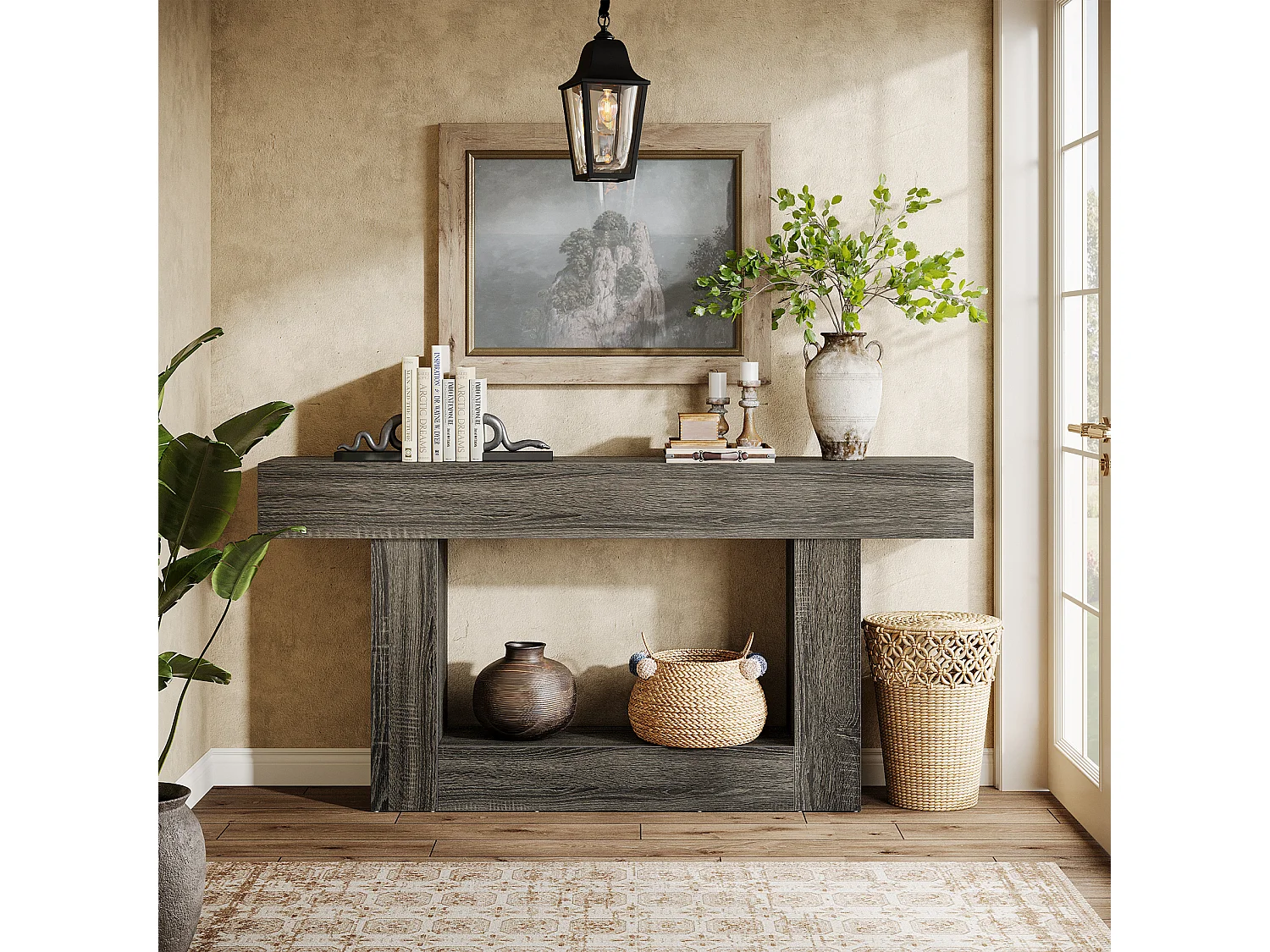 Console de 160 cm, style campagnard, à deux niveaux, avec piètement en U, grise