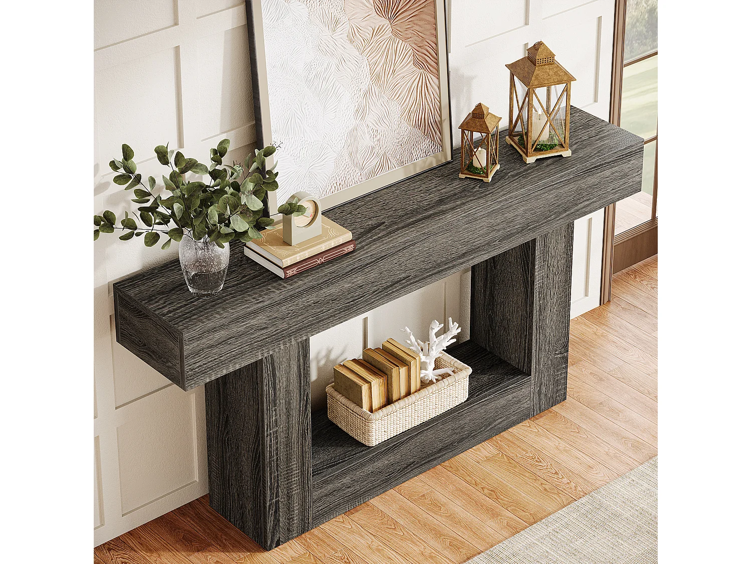 Console de 160 cm, style campagnard, à deux niveaux, avec piètement en U, grise