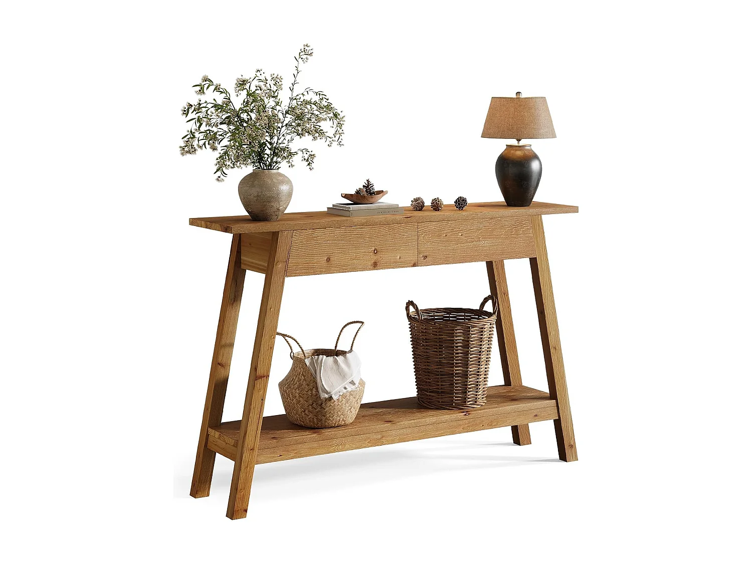 Console en bois massif de 110 cm, table d'entrée avec 2 tiroirs et 2 niveaux.