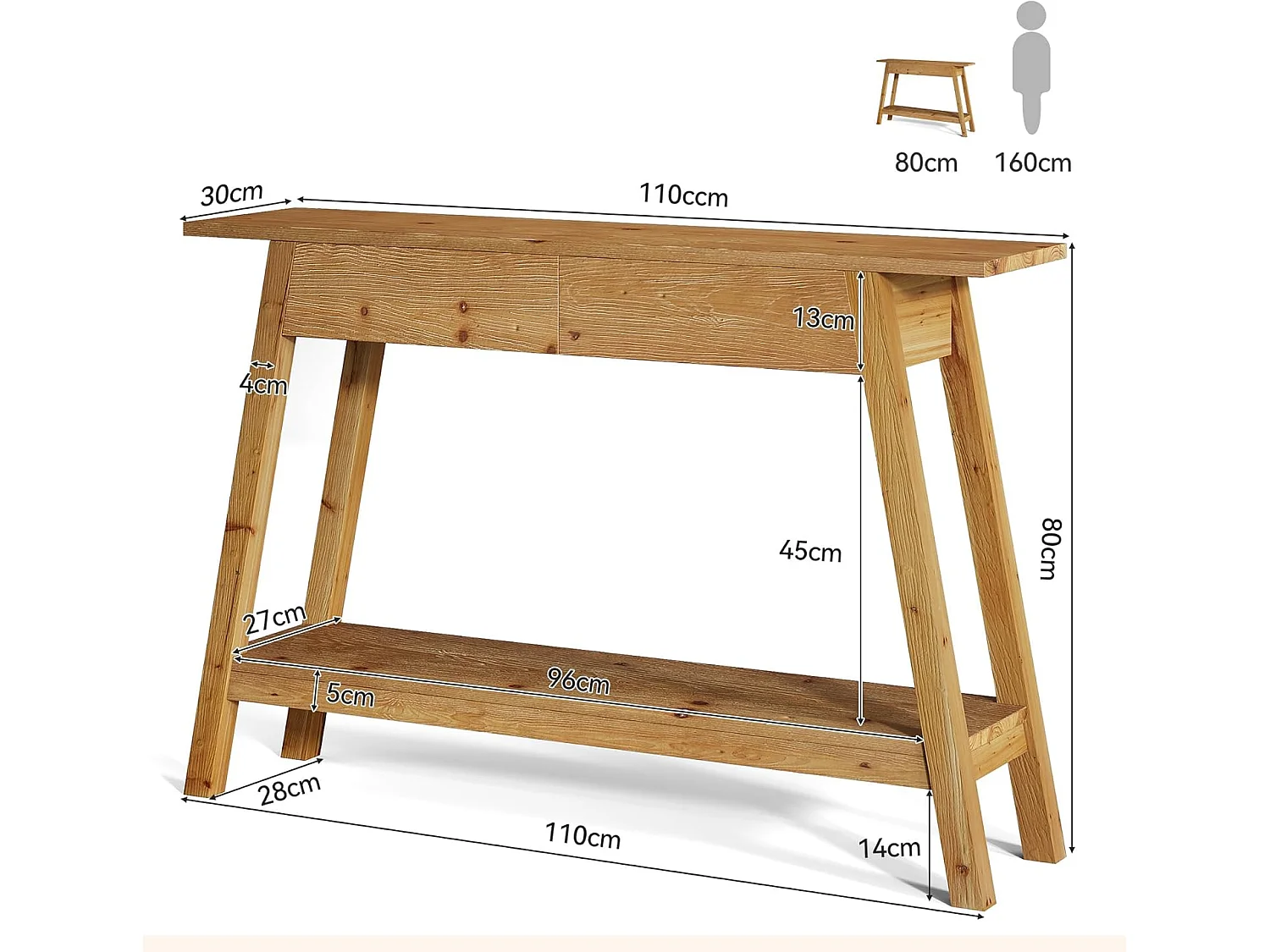 Console en bois massif de 110 cm, table d'entrée avec 2 tiroirs et 2 niveaux.