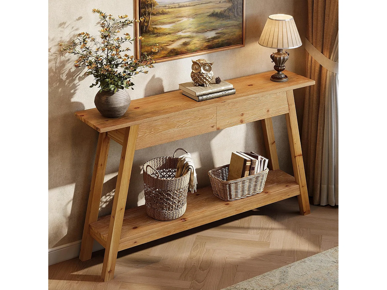 Console en bois massif de 110 cm, table d'entrée avec 2 tiroirs et 2 niveaux.